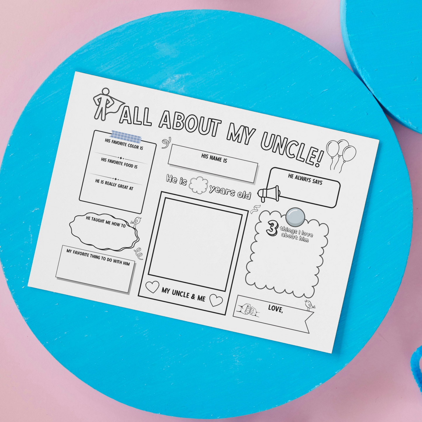 All About My Uncle Survey Printable, DIY Gift Birthday Card Questionnaire from Kids Personalized Keepsake Worksheet Coloring Page Activity