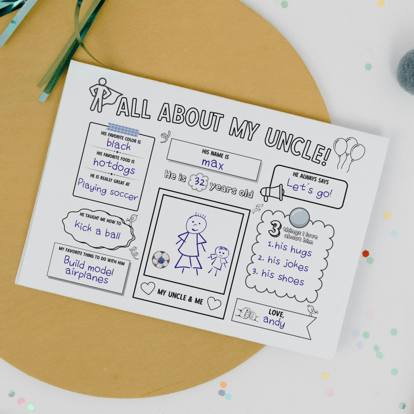 All About My Uncle Survey Printable, DIY Gift Birthday Card Questionnaire from Kids Personalized Keepsake Worksheet Coloring Page Activity