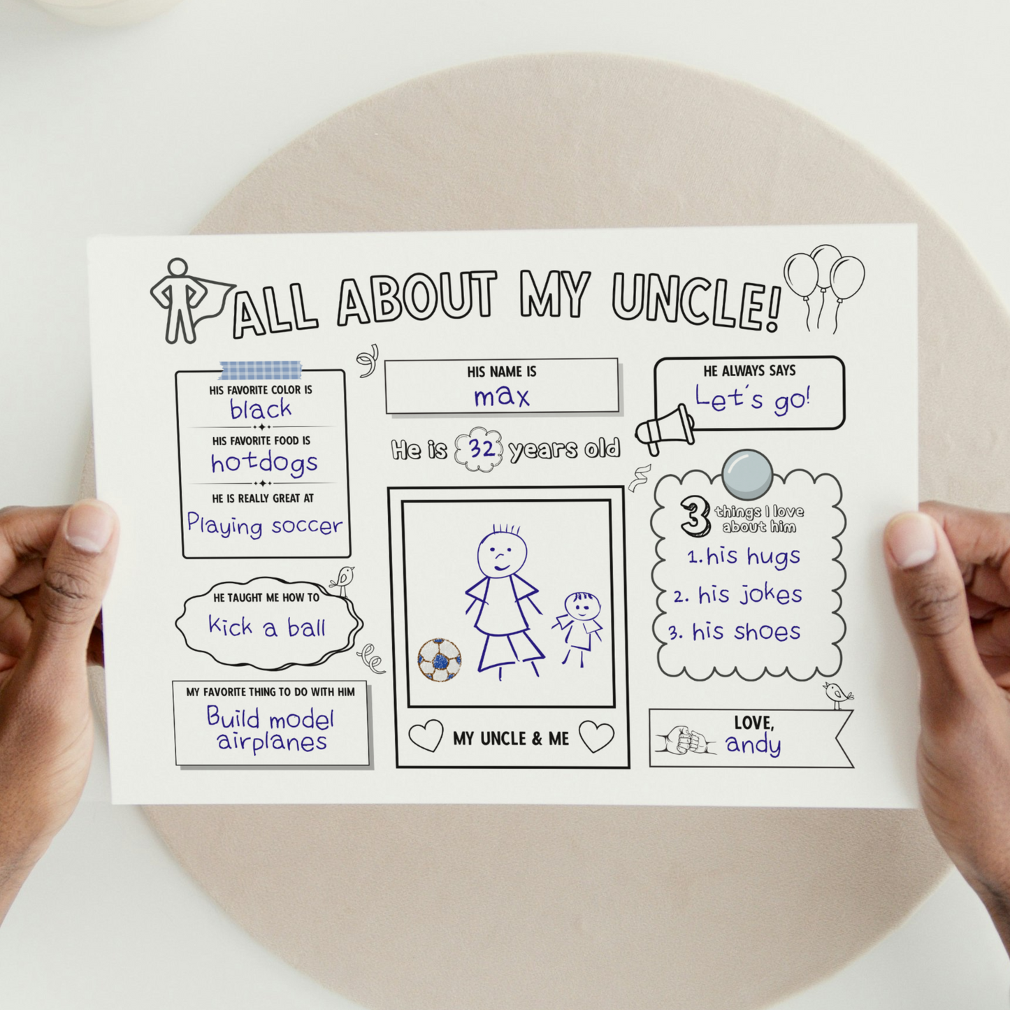 All About My Uncle Survey Printable, DIY Gift Birthday Card Questionnaire from Kids Personalized Keepsake Worksheet Coloring Page Activity