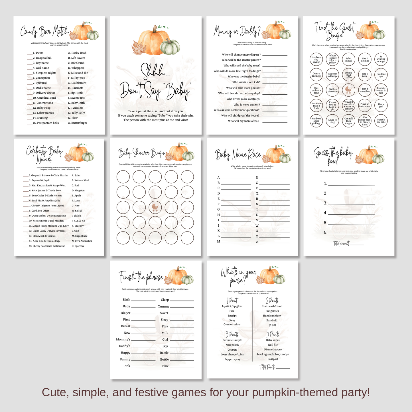 Pumpkin Baby Shower Games Printable, Fall Party Activity