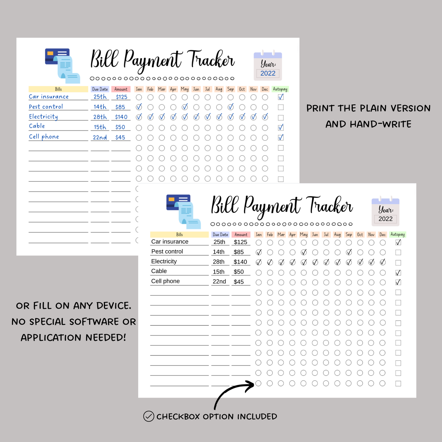 Editable Yearly Bill Tracker, Printable Monthly Bill Planner Payment Log