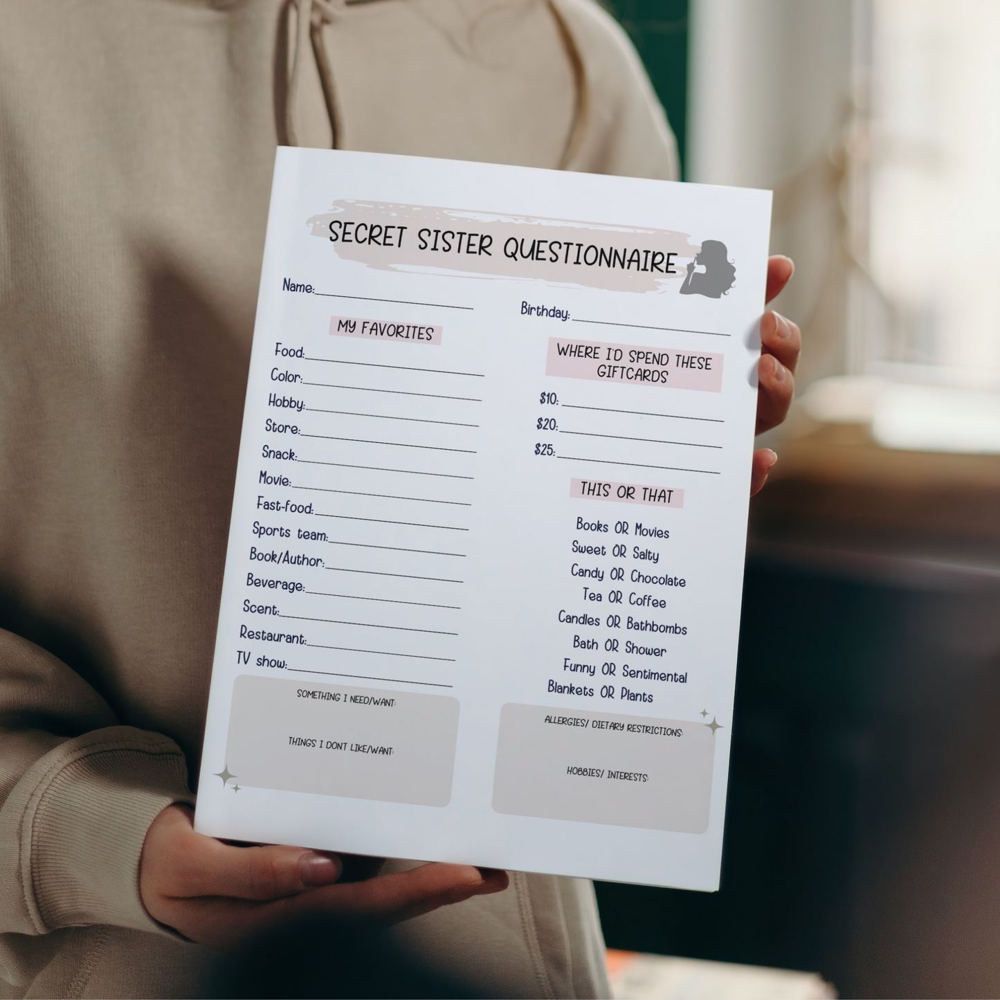 Secret Sister Questionnaire Printable, All About Me Survey