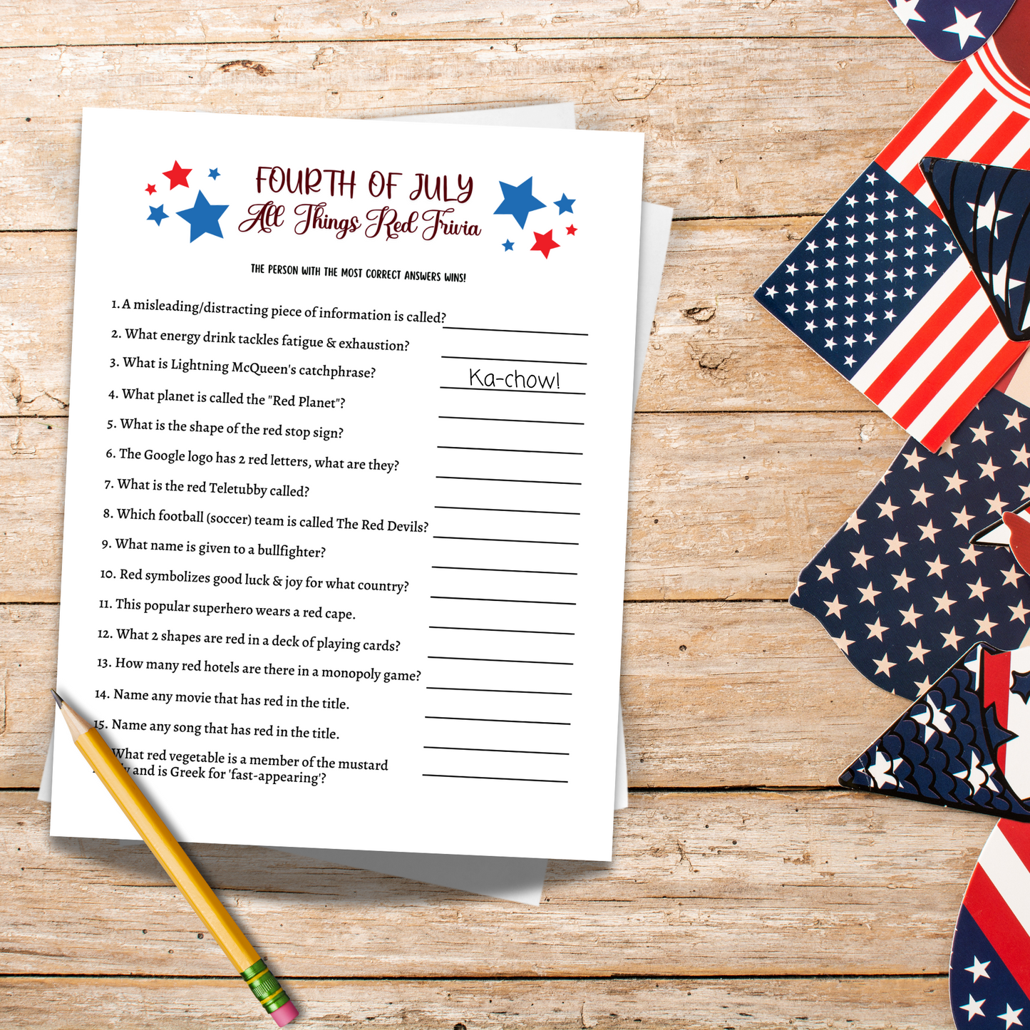 4th of July All Things Red Trivia Game Printable, Family Activity Adults & Kids