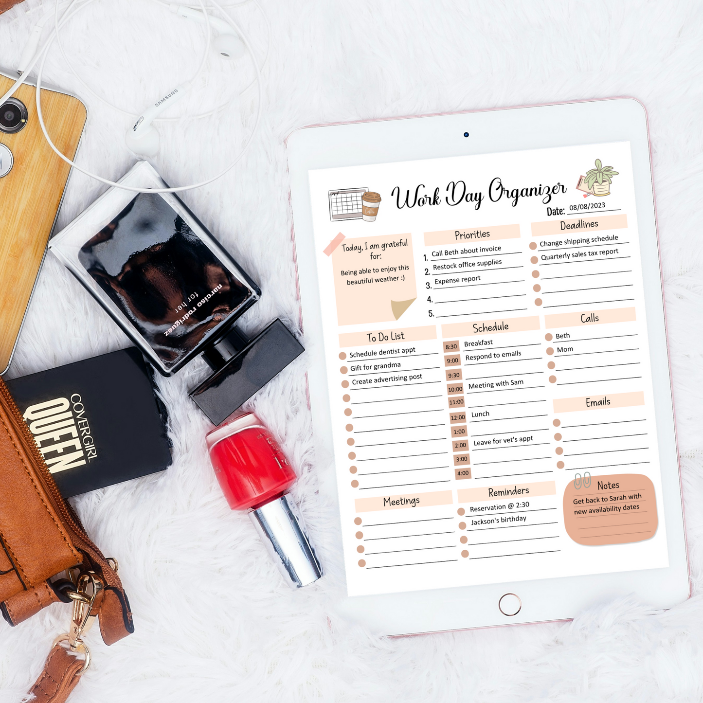 Work Day Organizer Editable Fillable, Printable Daily Digital Planner