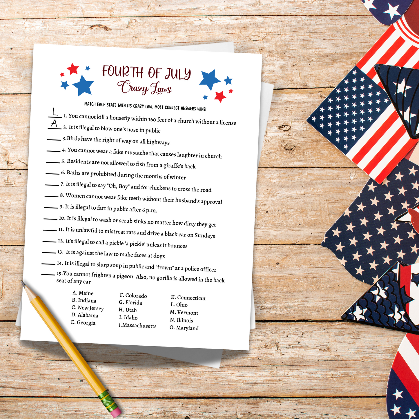 4th of July Crazy Laws Game Printable, Family Trivia Activity Adults & Kids