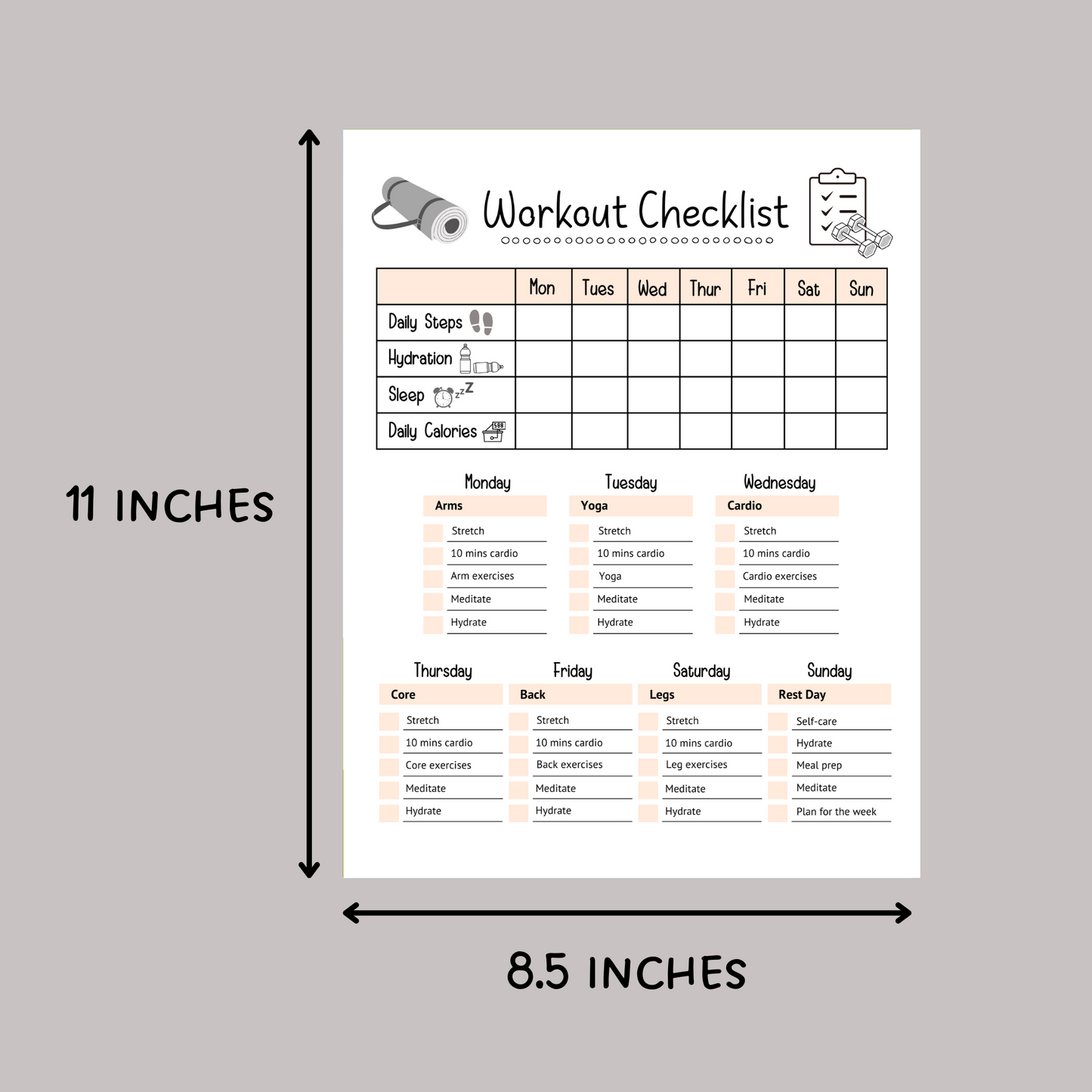 Editable Workout Checklist, Printable Daily Exercise Gym Log Planner