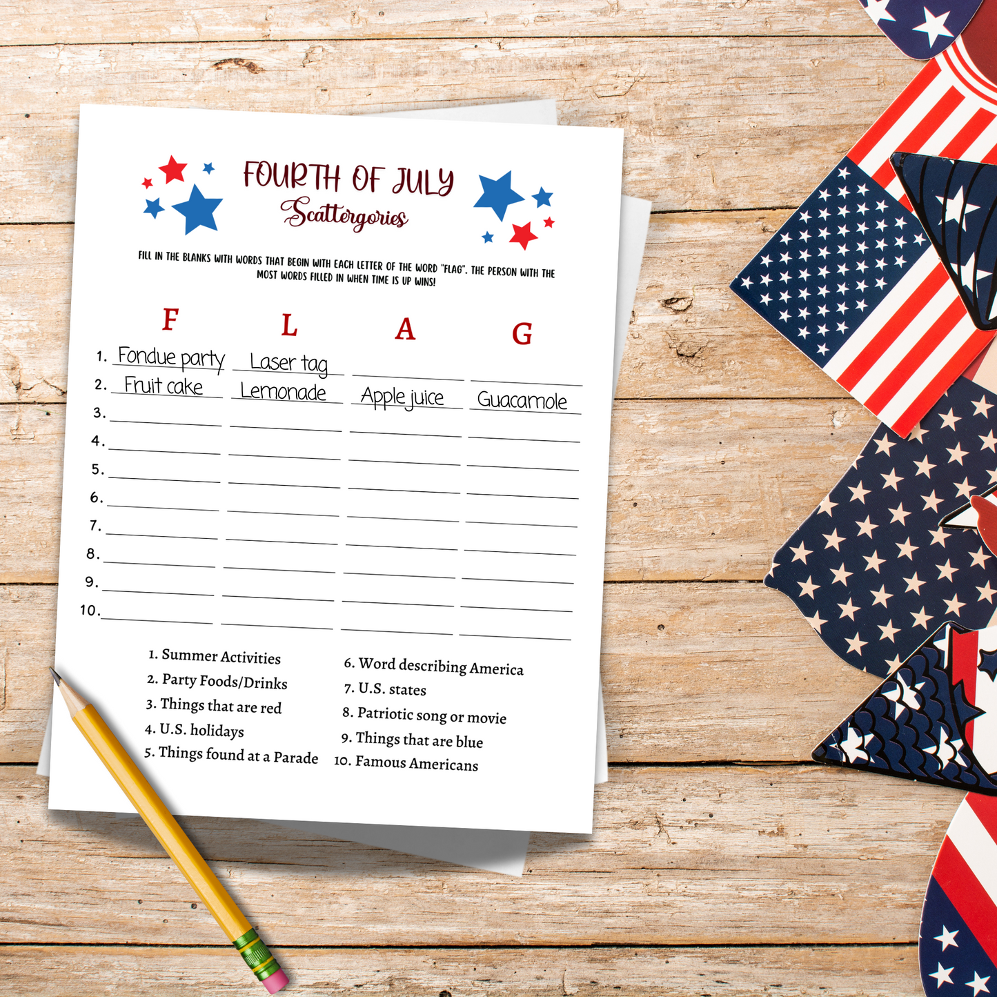 4th of July Scattergories Game Printable, Independence Day Family Activity Adults & Kids