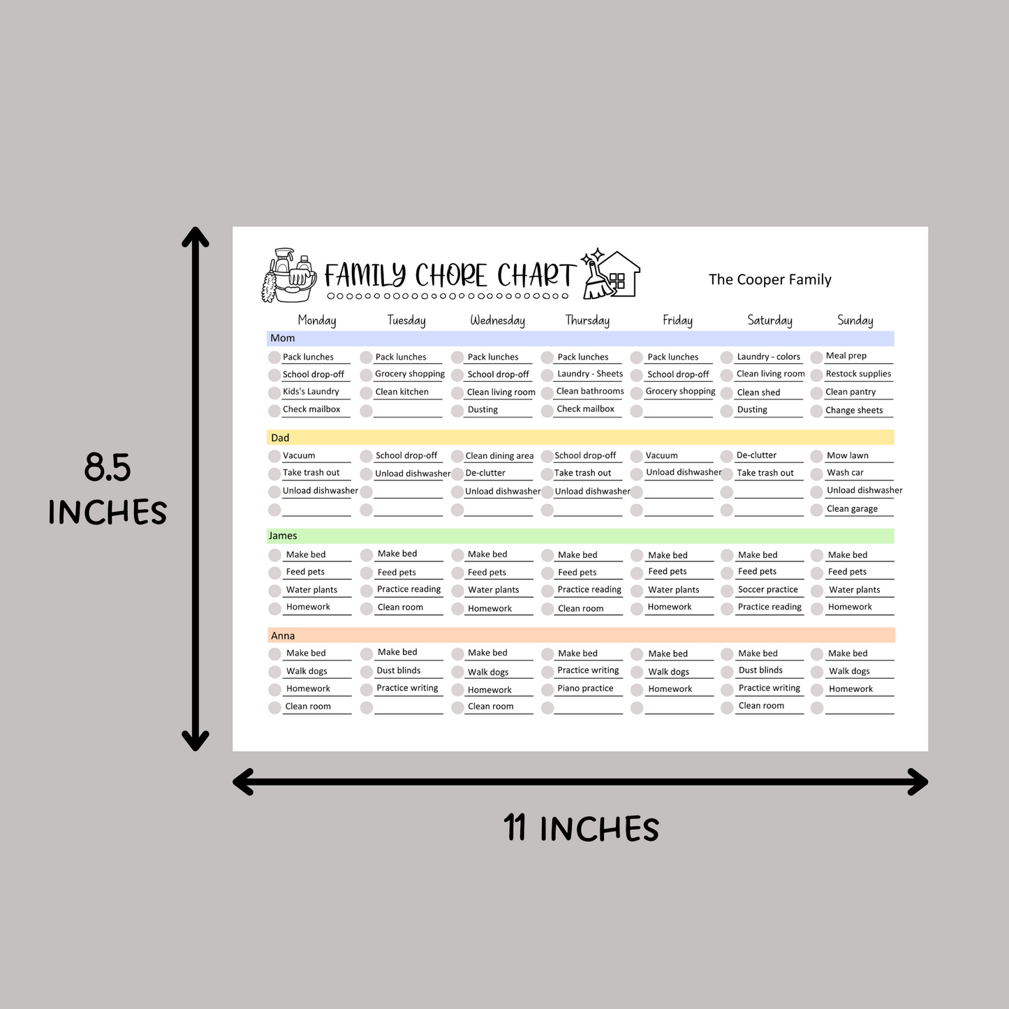 Family Chore Chart Printable, Editable Weekly Household Calendar Schedule