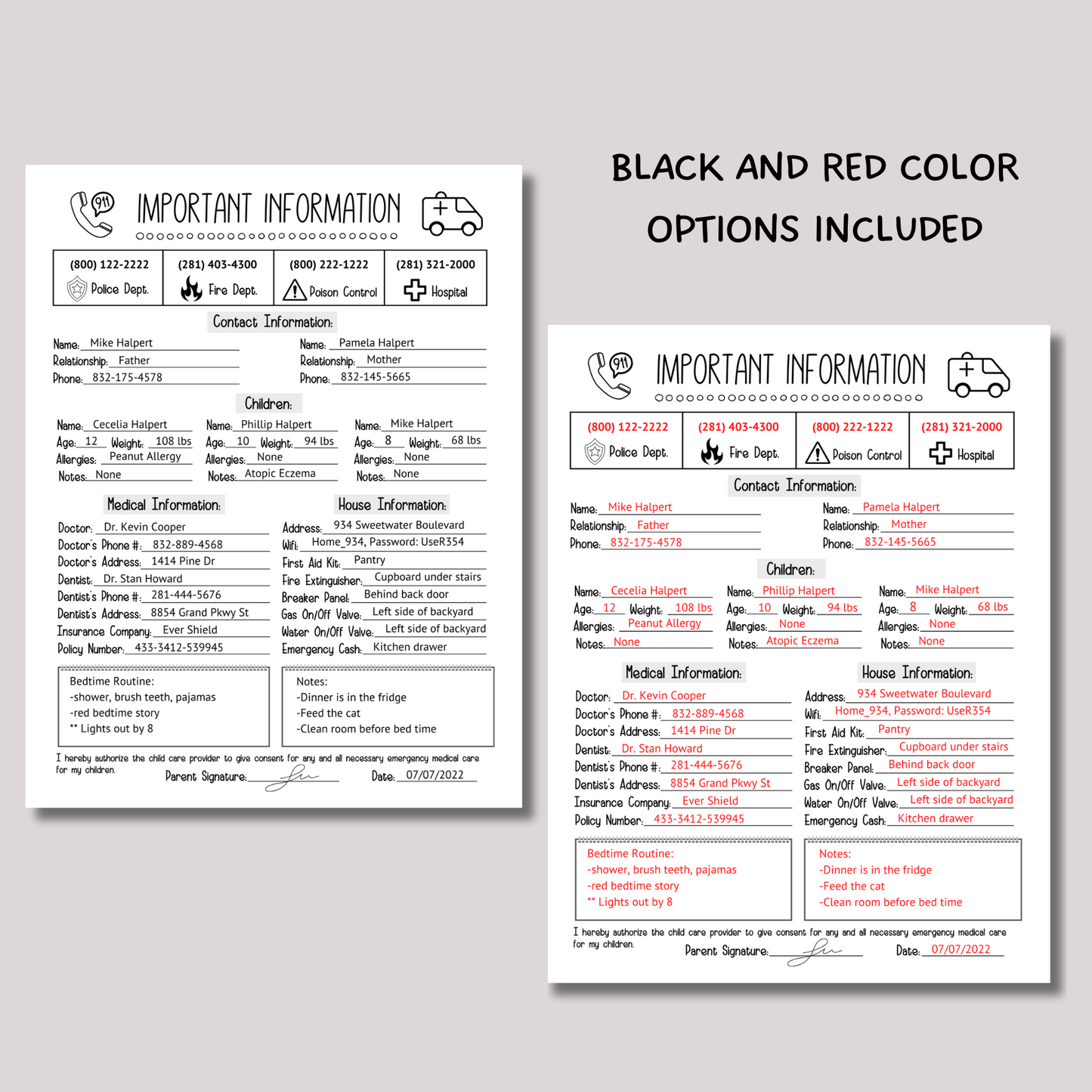 Emergency Contact Information Sheet Editable, Babysitter Info Sheet Printable