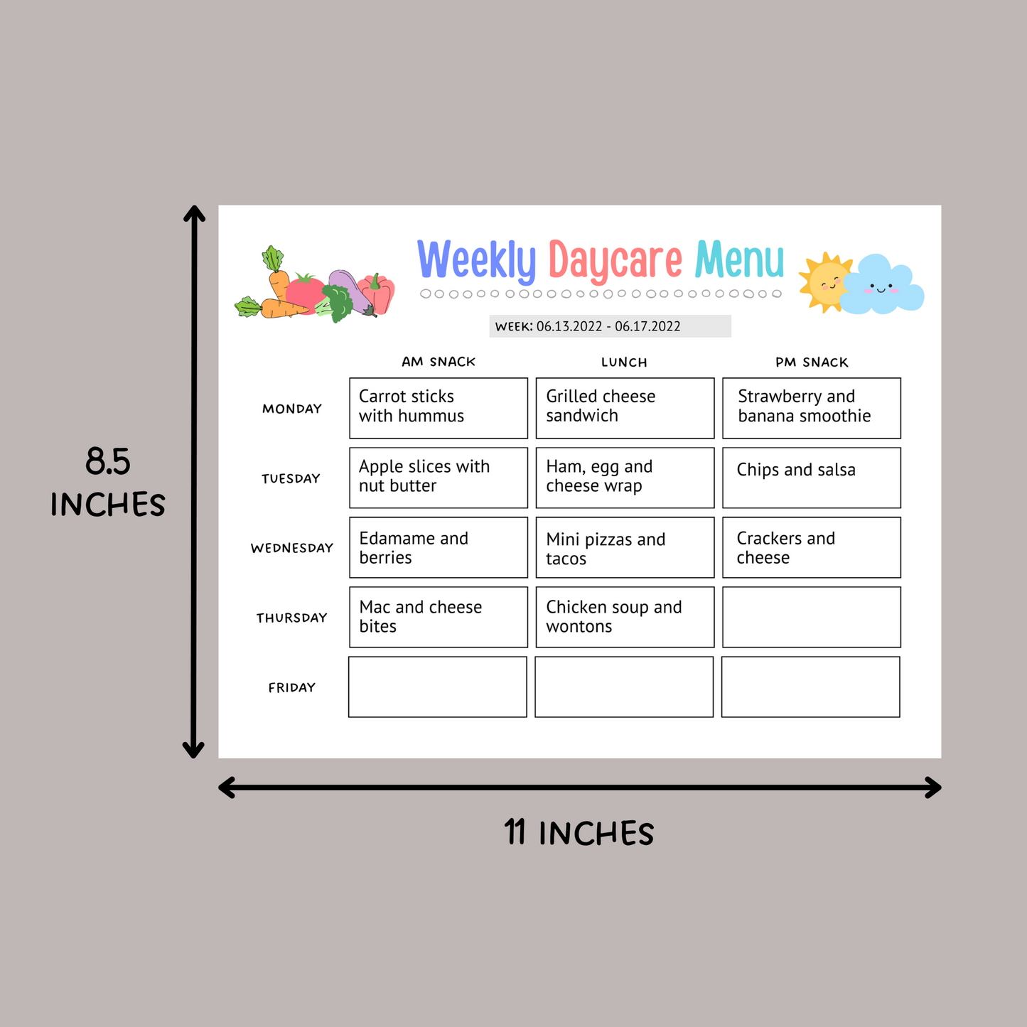 Daycare Weekly Menu Printable, Editable Meal Planner
