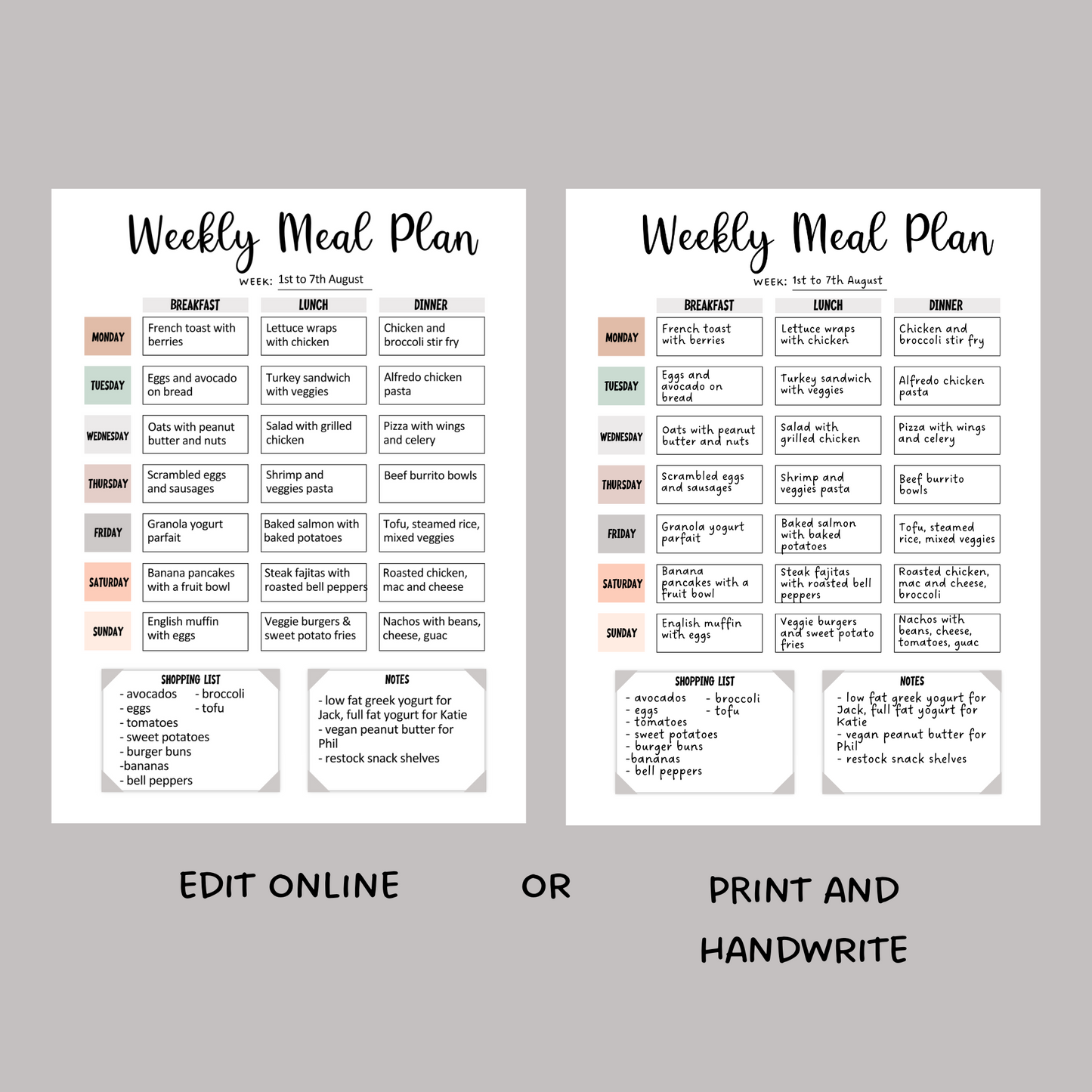 Printable Weekly Meal Planner, Editable Family Menu Digital Planner