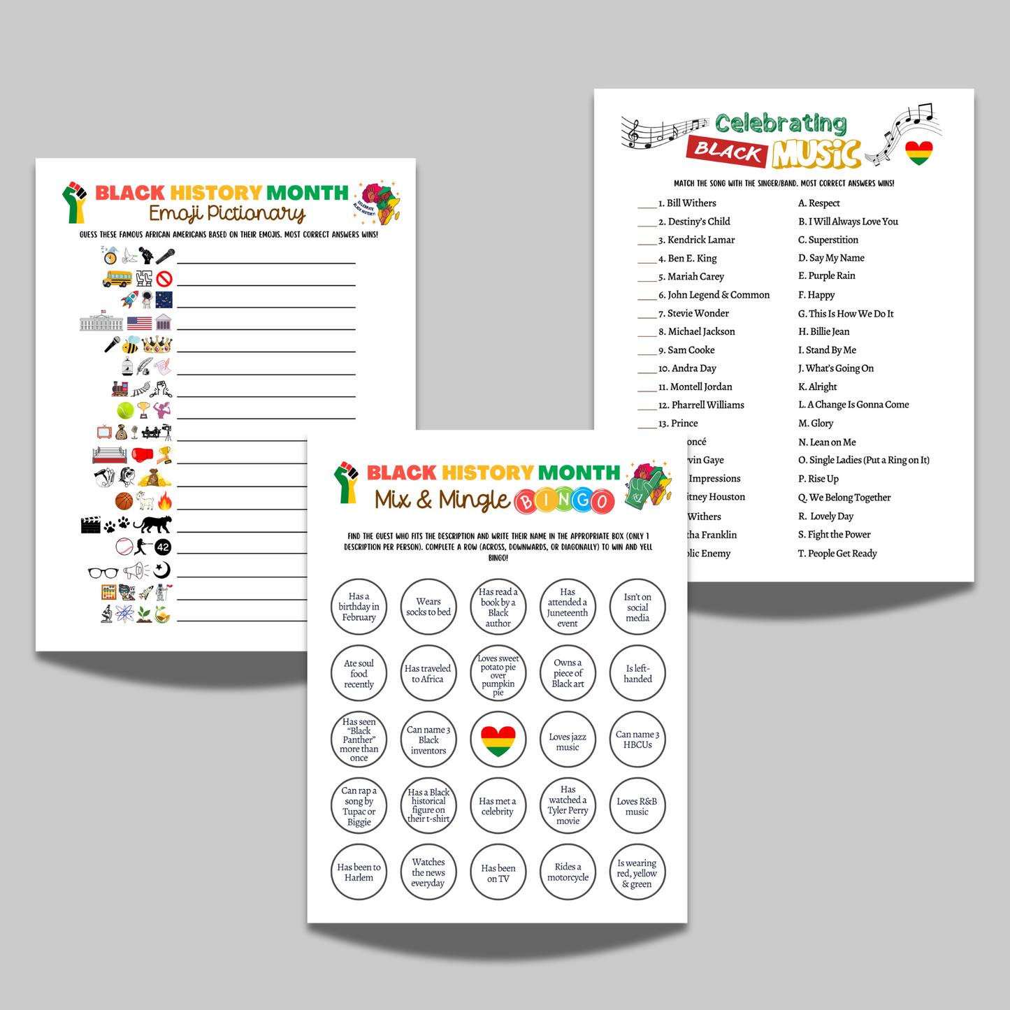 Black History Month Games Printable, Historical African American Celebration Trivia Quiz Party Activity for Adults Kids Senior