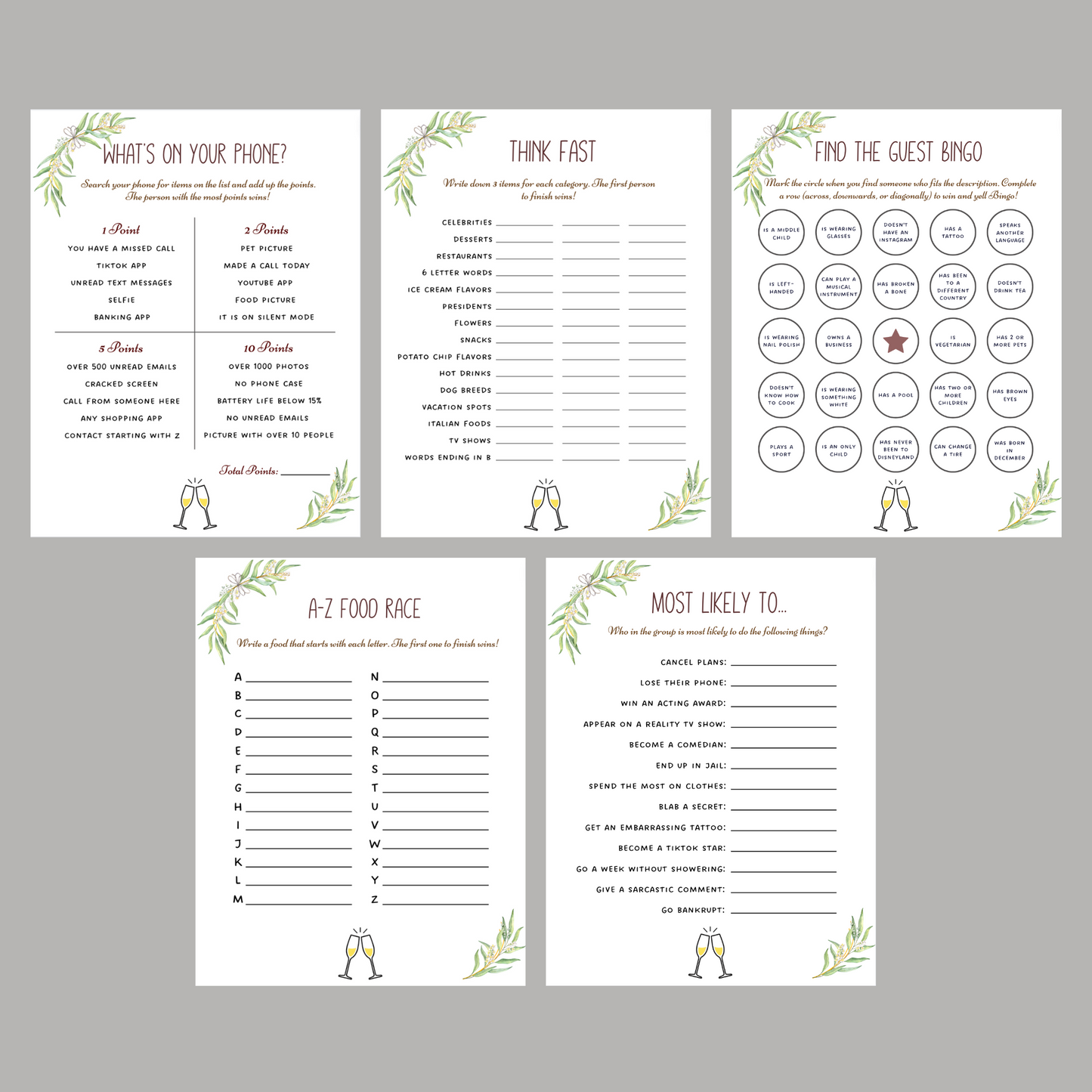 Brunch Party Games Printable, Adult Icebreaker Ideas