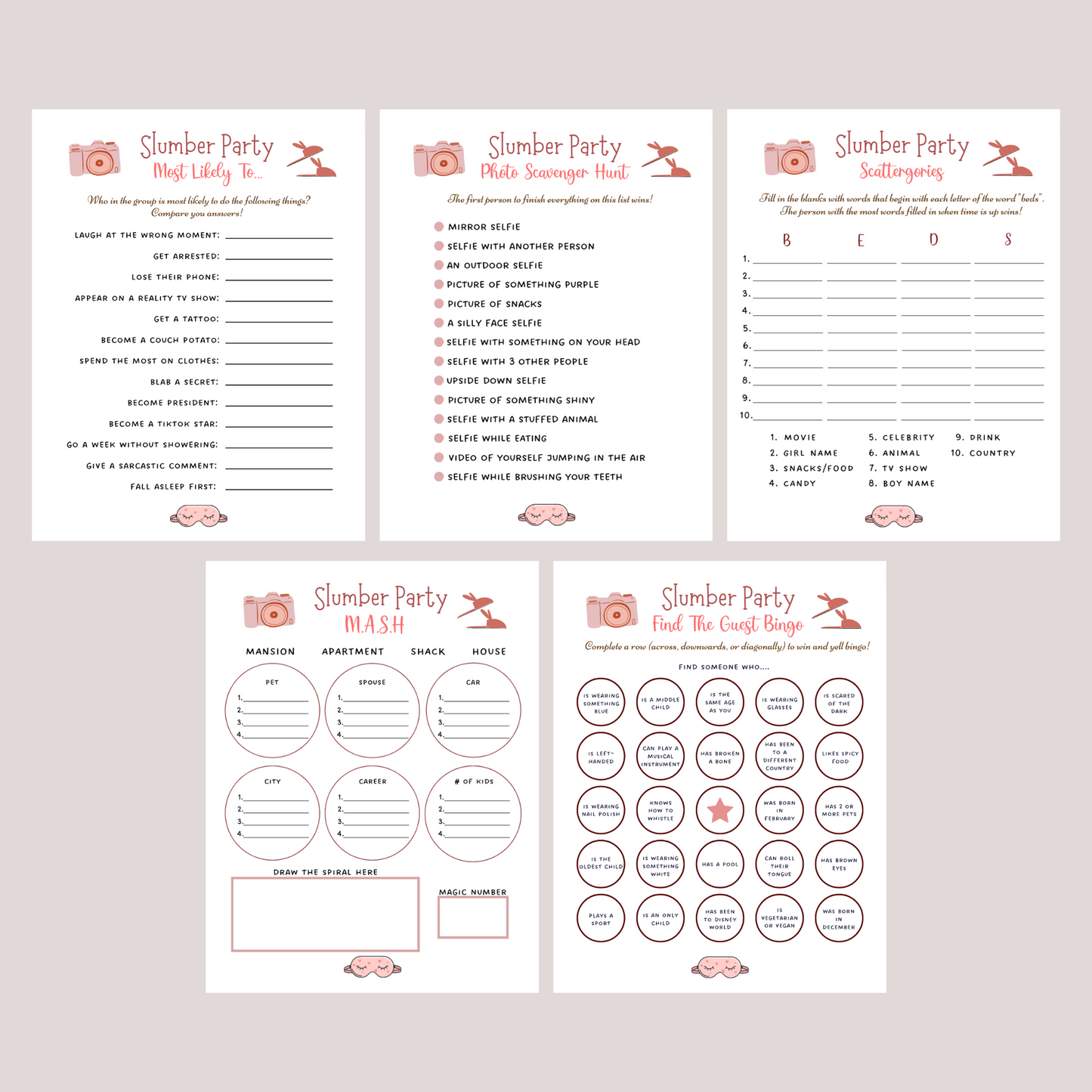 Slumber Party Games Printable, Tween Preteen Sleepover Activity Ideas