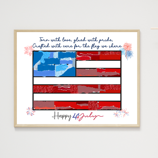 4th of July Torn Paper Flag Craft Printable, DIY Patriotic Veteran Simple Art