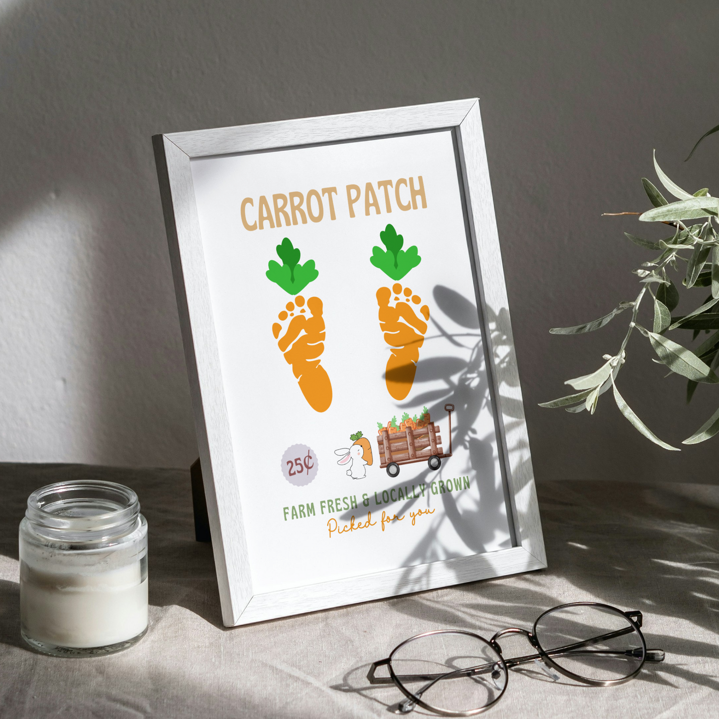 Carrot Patch Easter Footprint Craft for Kids Printable, DIY Spring Feet Art Activity Keepsake Farm Sign Personalized Gift from Baby Toddler