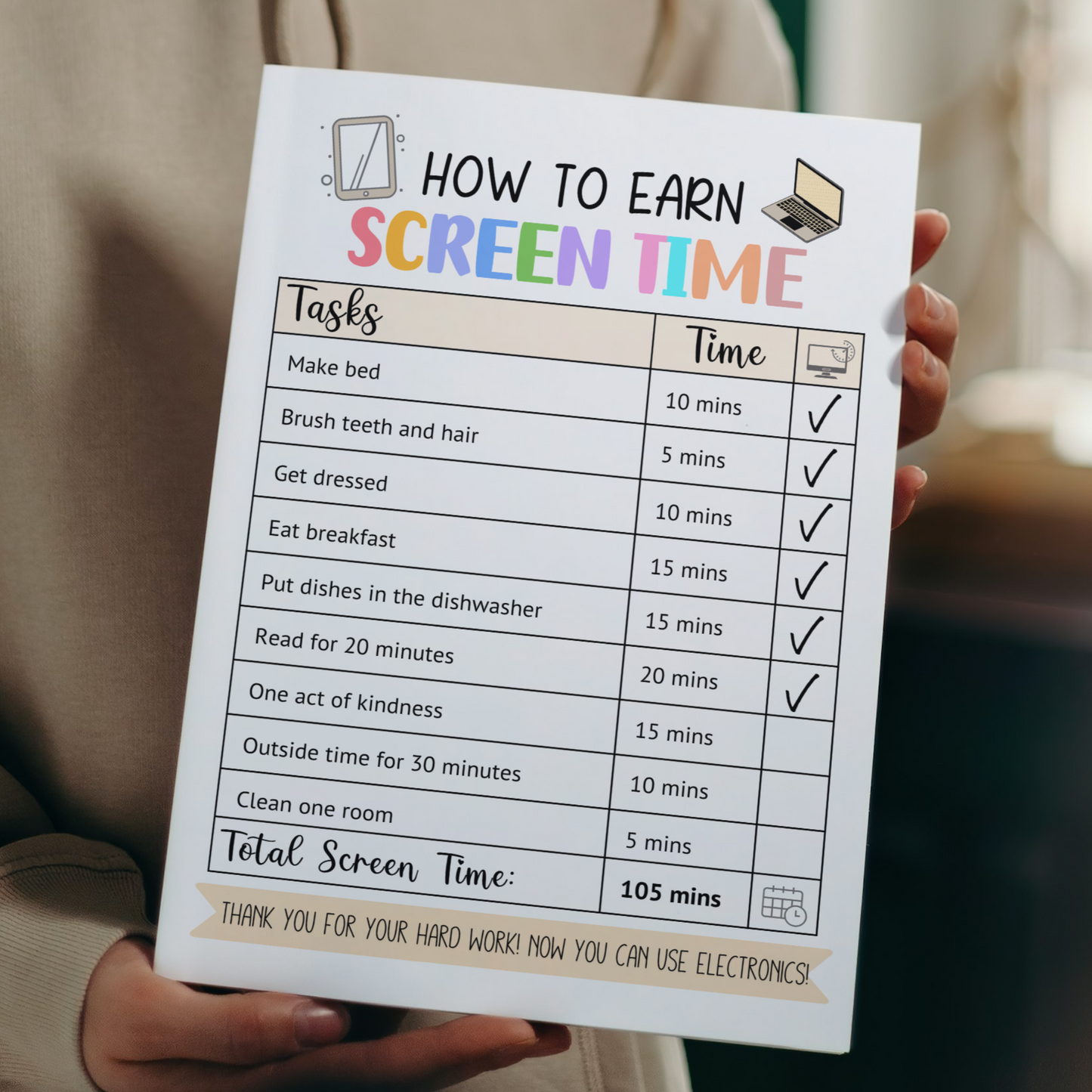 Screentime Chart Checklist Kids Printable, Editable Chore Chart Tracker