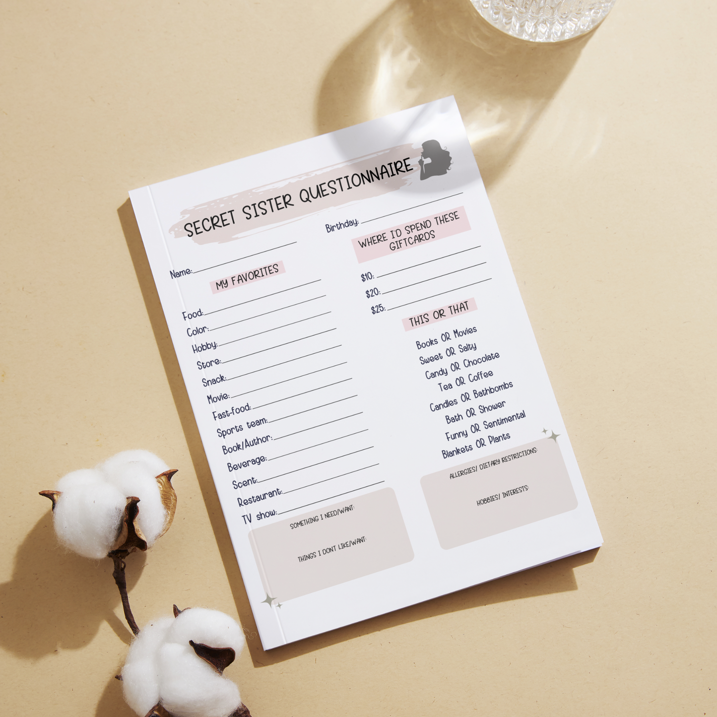 Secret Sister Questionnaire Printable, All About Me Survey