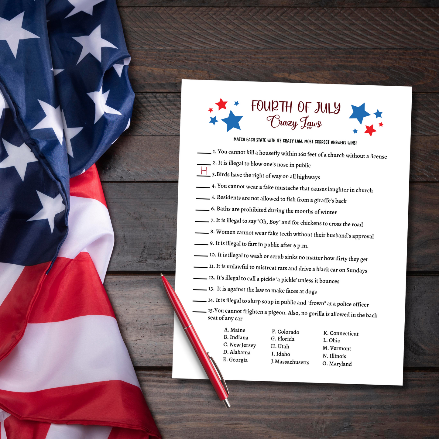 4th of July Crazy Laws Game Printable, Family Trivia Activity Adults & Kids
