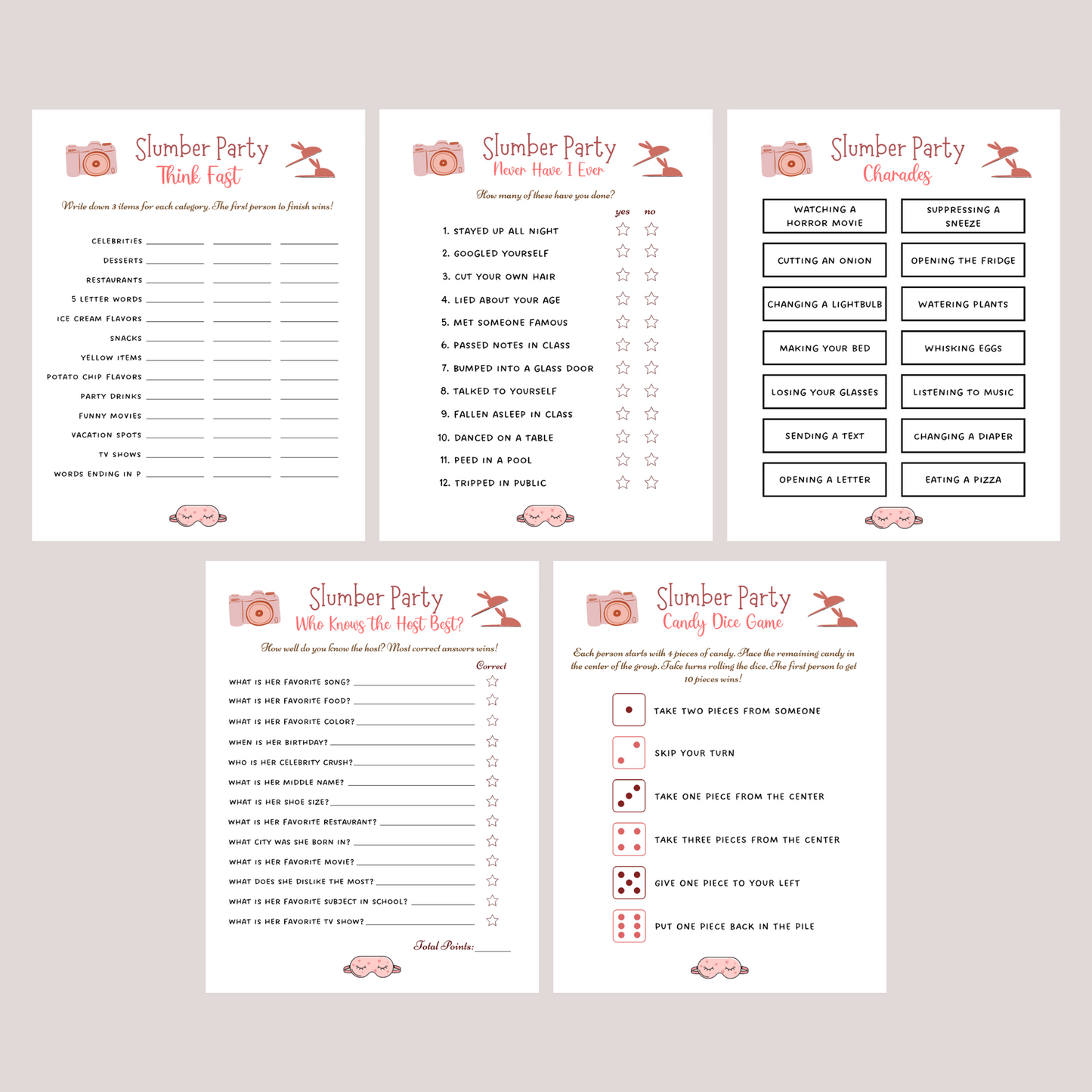 Slumber Party Games Printable, Tween Preteen Sleepover Activity Ideas