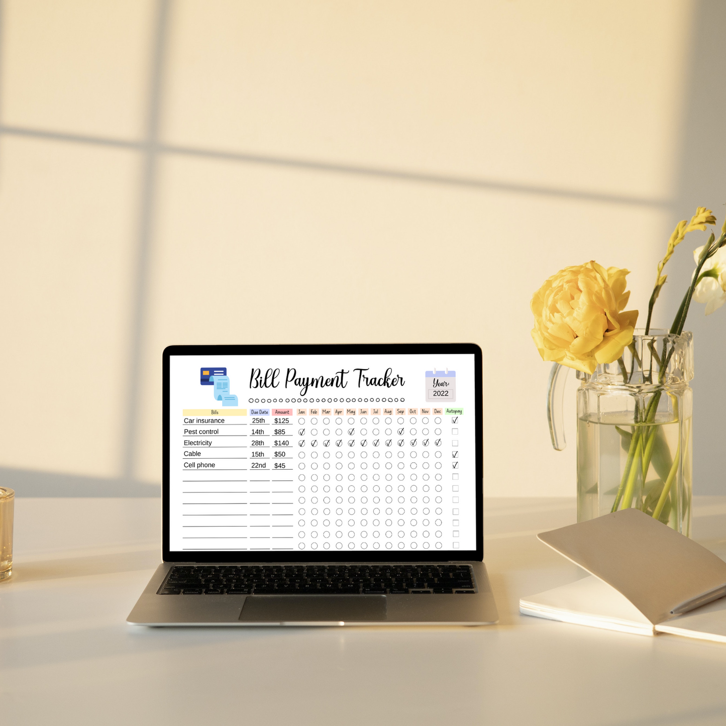 Editable Yearly Bill Tracker, Printable Monthly Bill Planner Payment Log