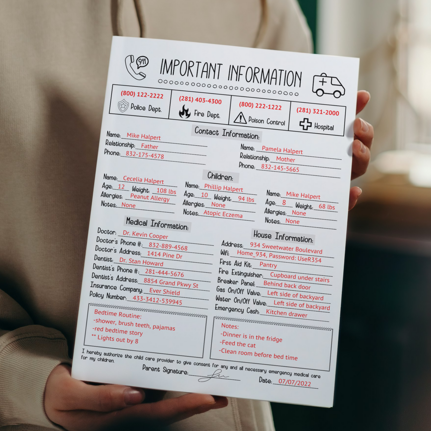 Emergency Contact Information Sheet Editable, Babysitter Info Sheet Printable