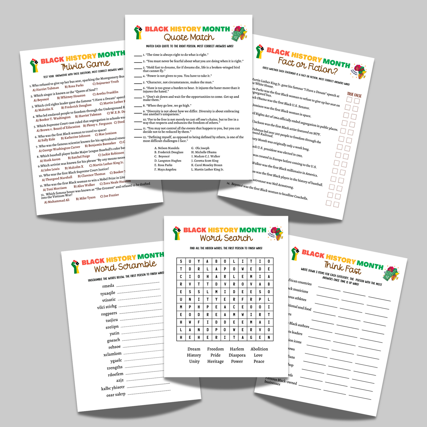 Black History Month Games Printable, Historical African American Celebration Trivia Quiz Party Activity for Adults Kids Senior