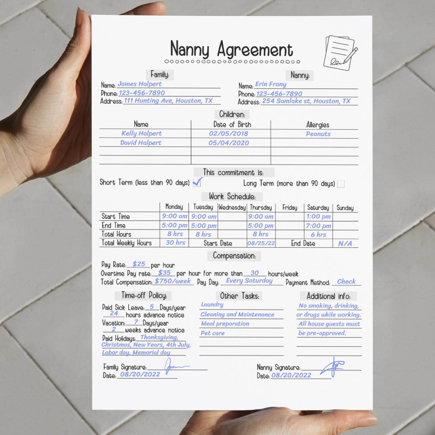 Nanny Agreement Worksheet Editable, Printable Babysitter Contract