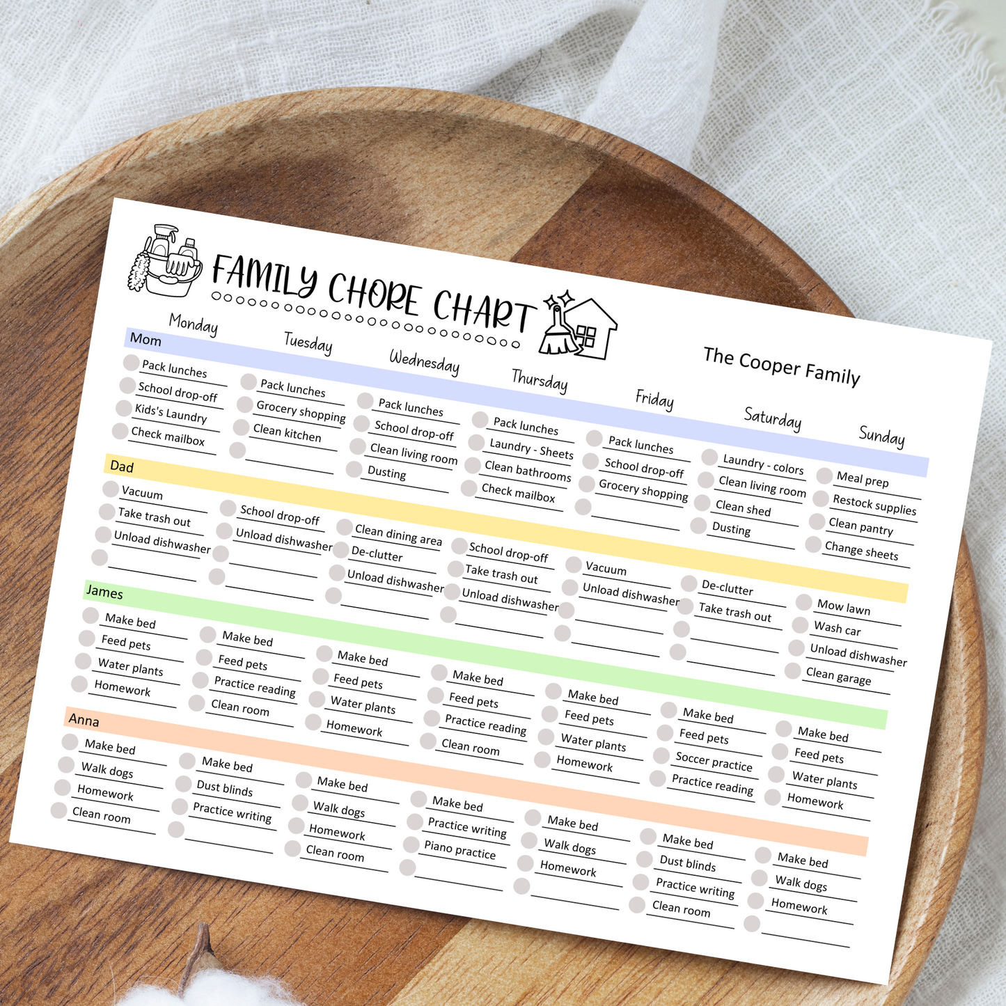 Family Chore Chart Printable, Editable Weekly Household Calendar Schedule