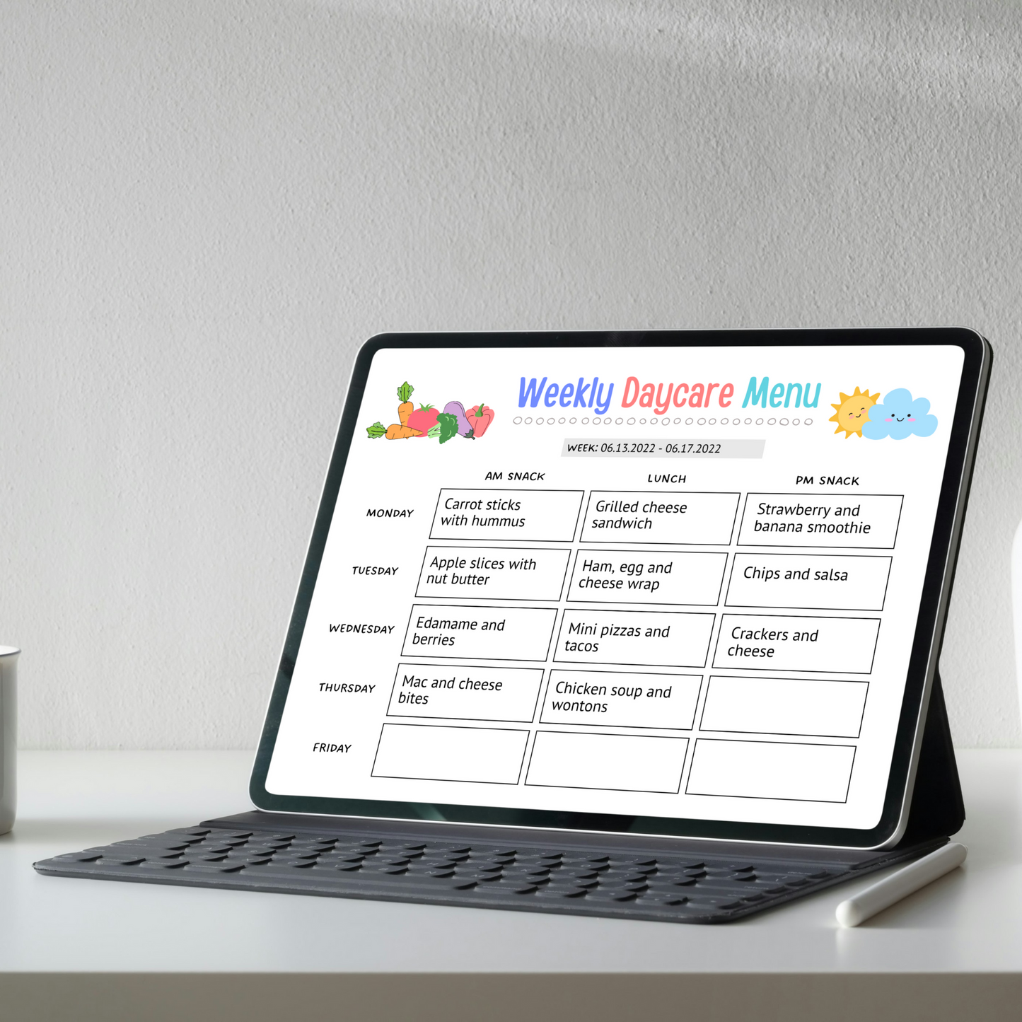 Daycare Weekly Menu Printable, Editable Meal Planner