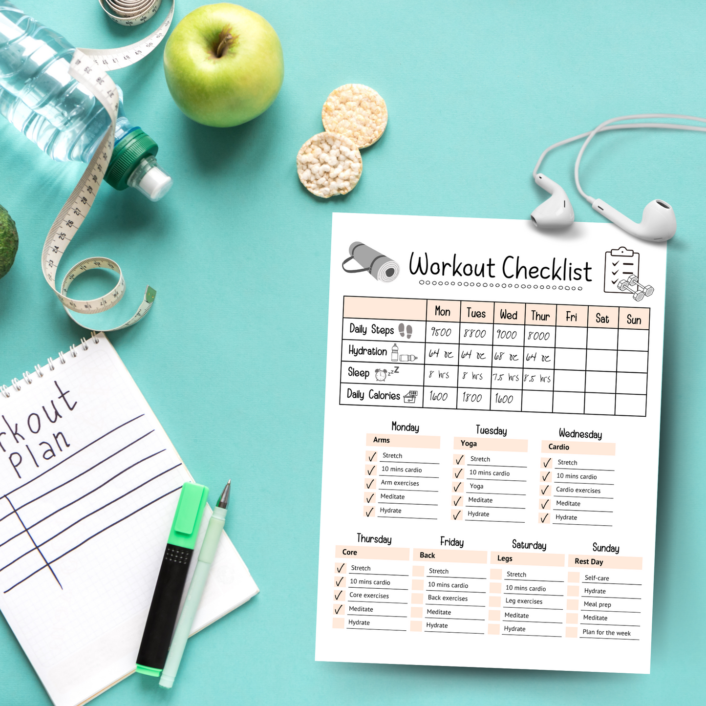 Editable Workout Checklist, Printable Daily Exercise Gym Log Planner