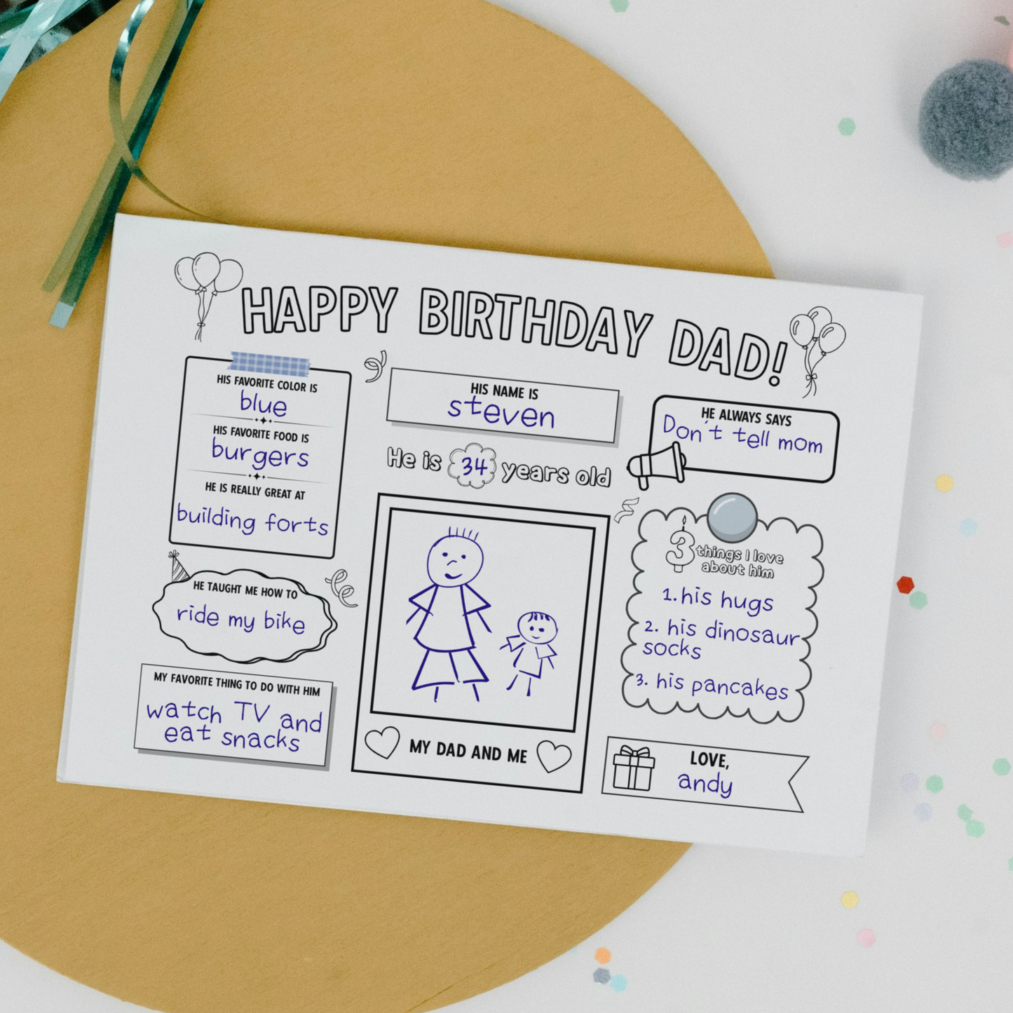 Happy Birthday Dad Coloring Page Printable, DIY Personalized Gift from Kids All About Daddy Card Placemat Activity Sheet Father