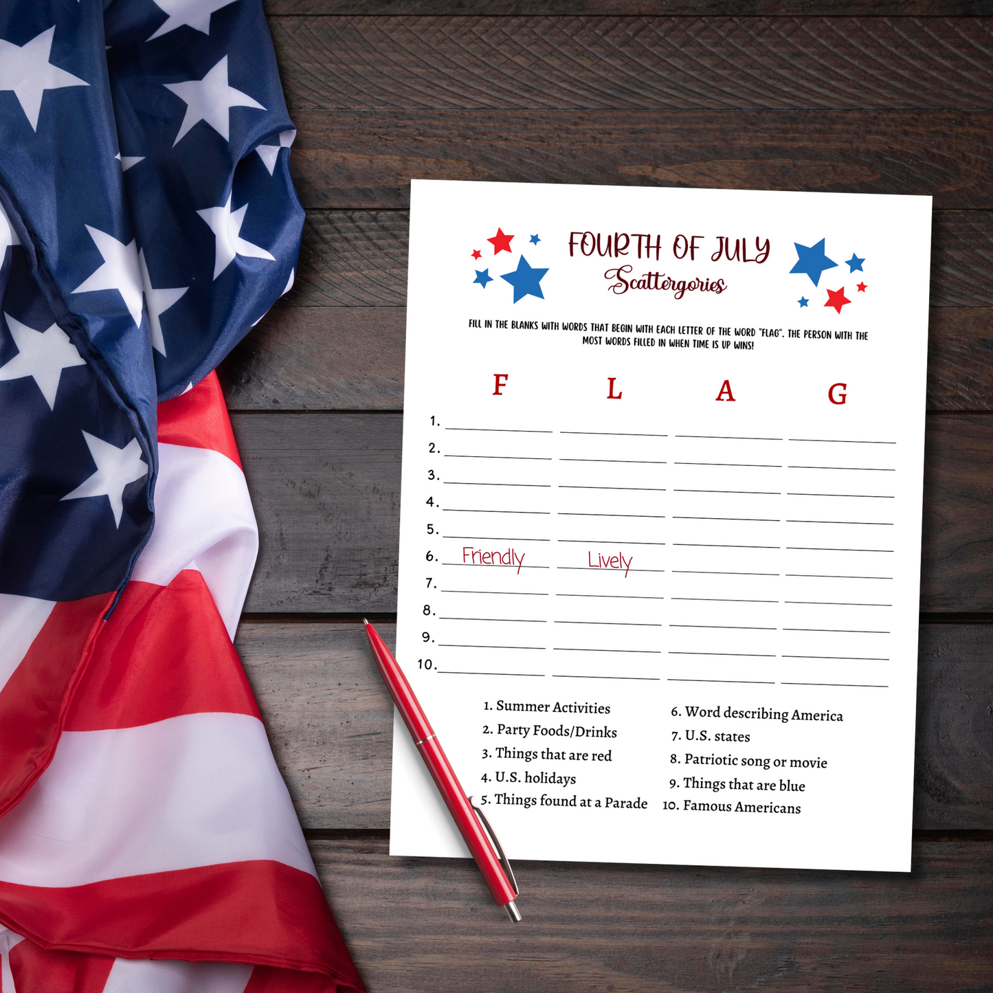 4th of July Scattergories Game Printable, Independence Day Family Activity Adults & Kids