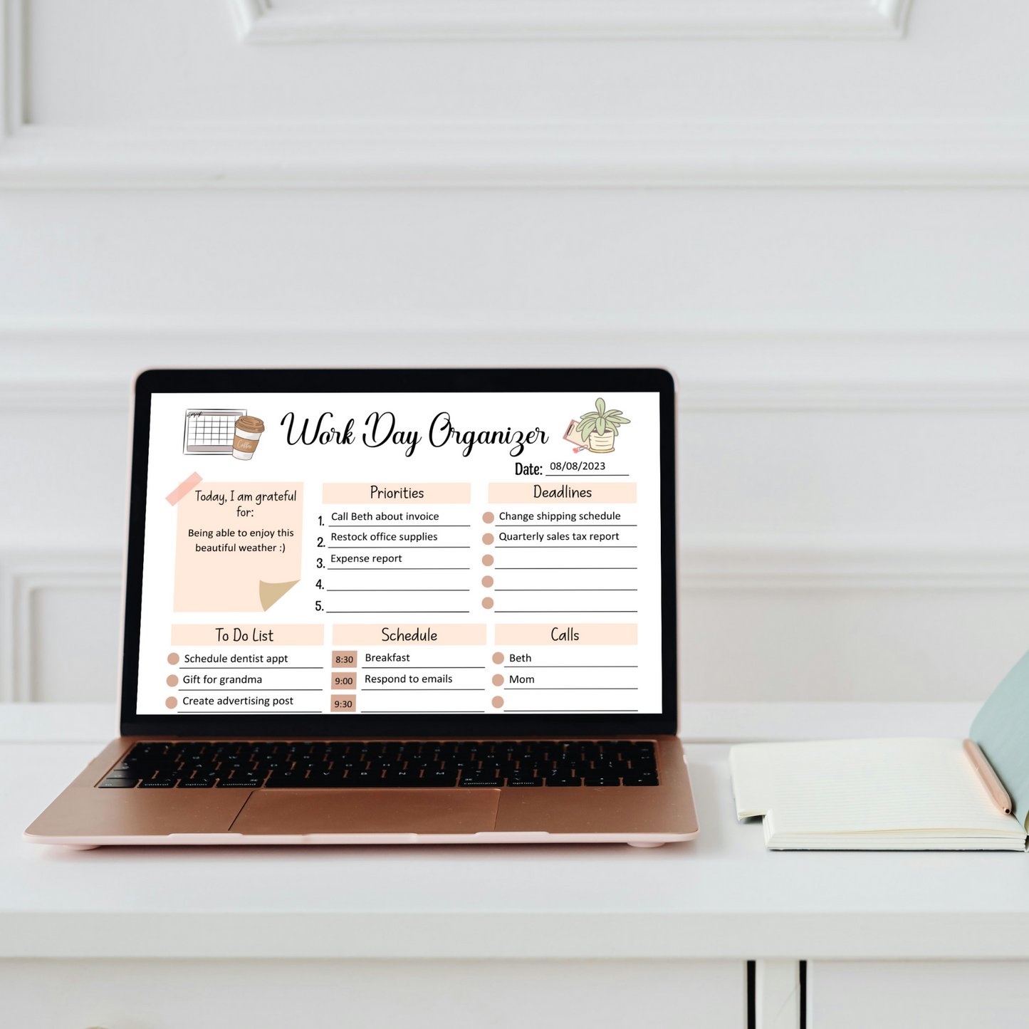 Work Day Organizer Editable Fillable, Printable Daily Digital Planner