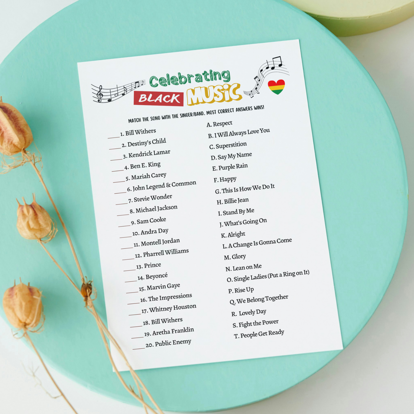 Black History Month Music Trivia Game Printable African American Party Activity