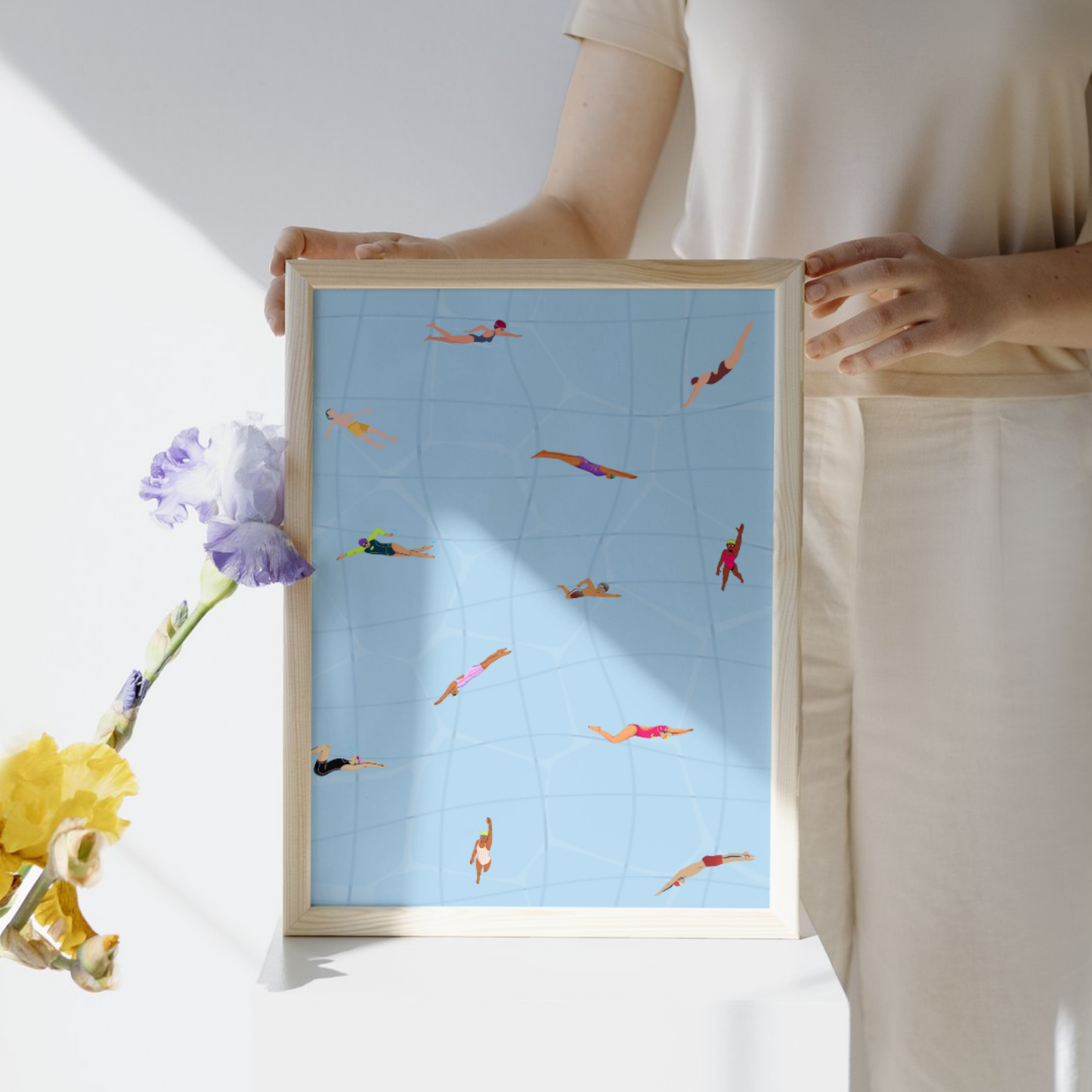 Tiny People at Pool Print, Minimalist Retro Swimming Summer Poster