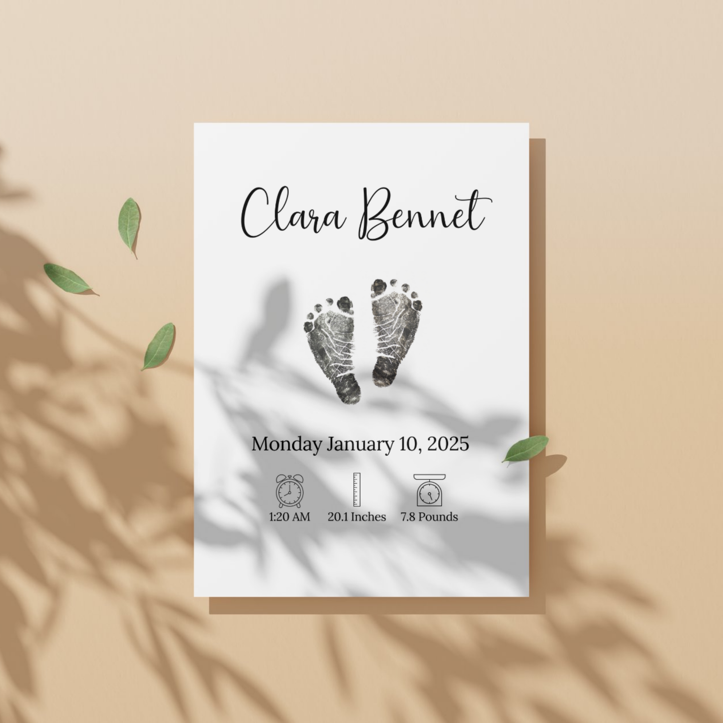 Personalized Baby Birth Announcement Printable, Newborn Footprint DIY Nursery Wall Art
