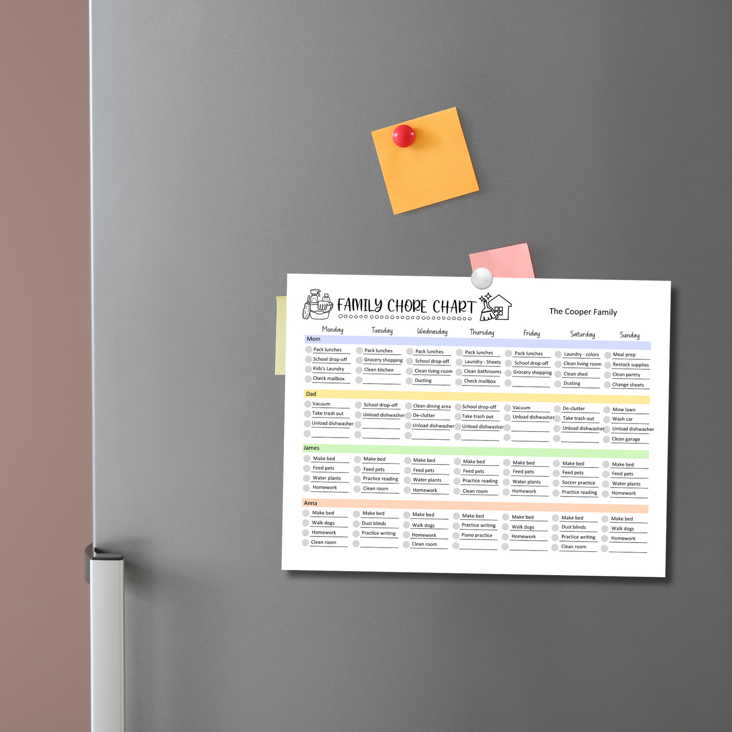 Family Chore Chart Printable, Editable Weekly Household Calendar Schedule