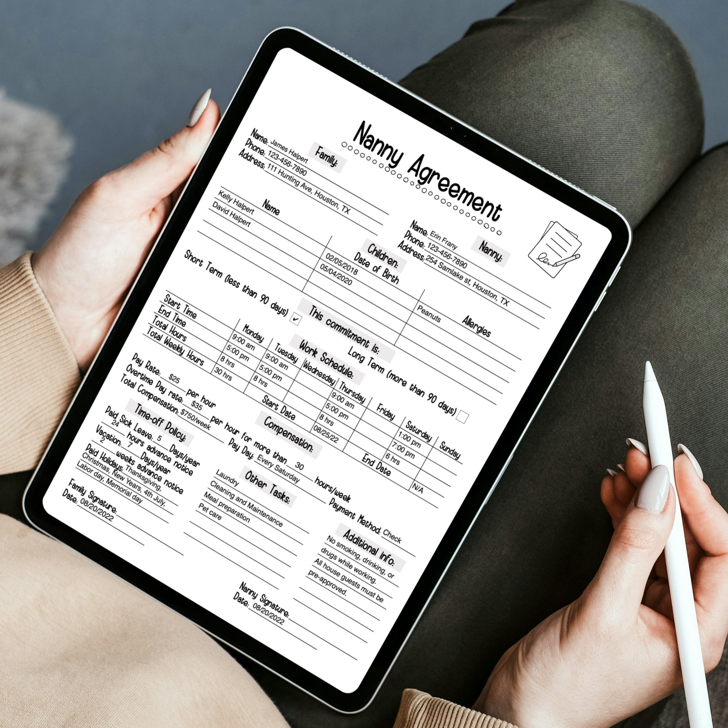 Nanny Agreement Worksheet Editable, Printable Babysitter Contract