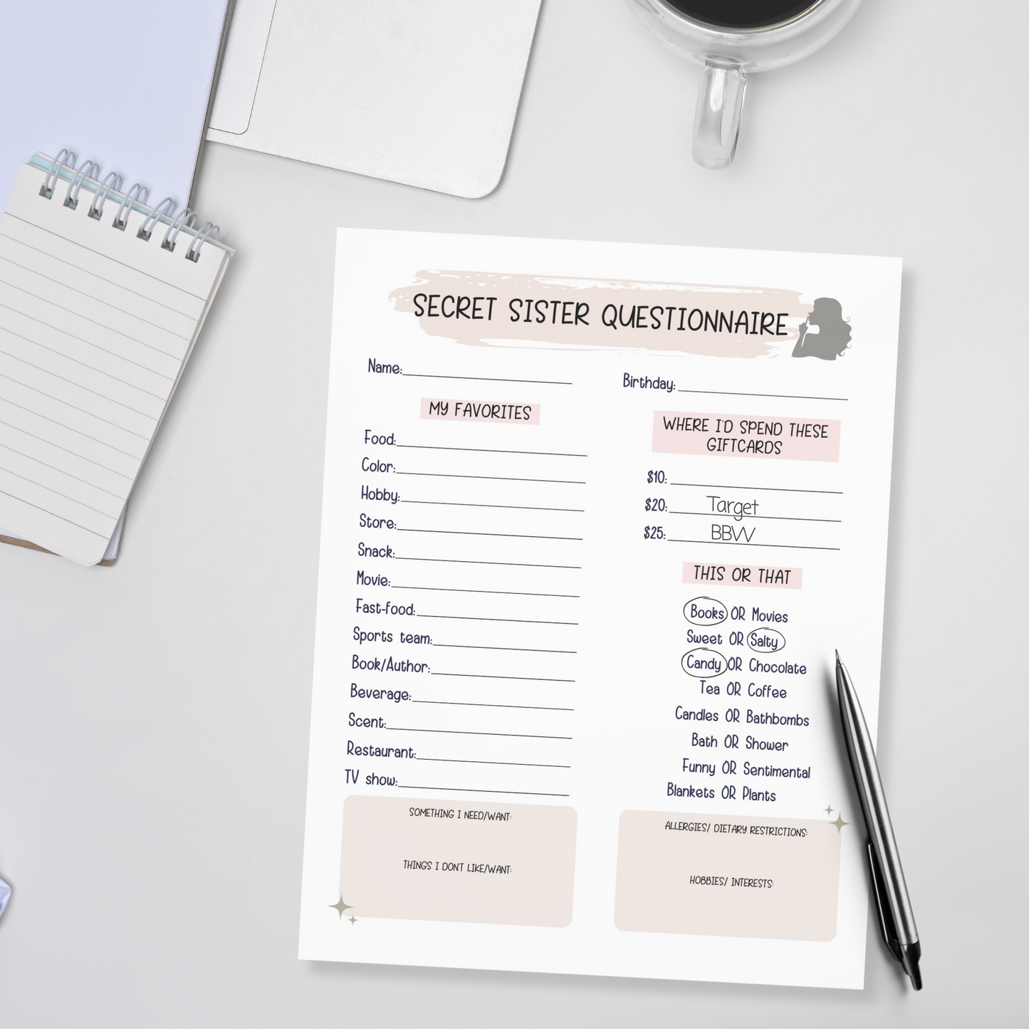 Secret Sister Questionnaire Printable, All About Me Survey