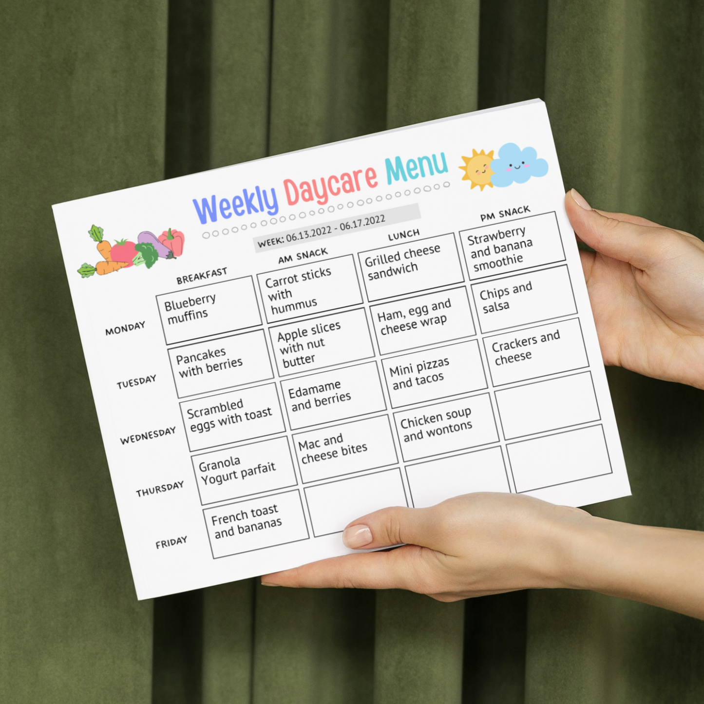 Daycare Weekly Menu Printable, Editable Meal Planner