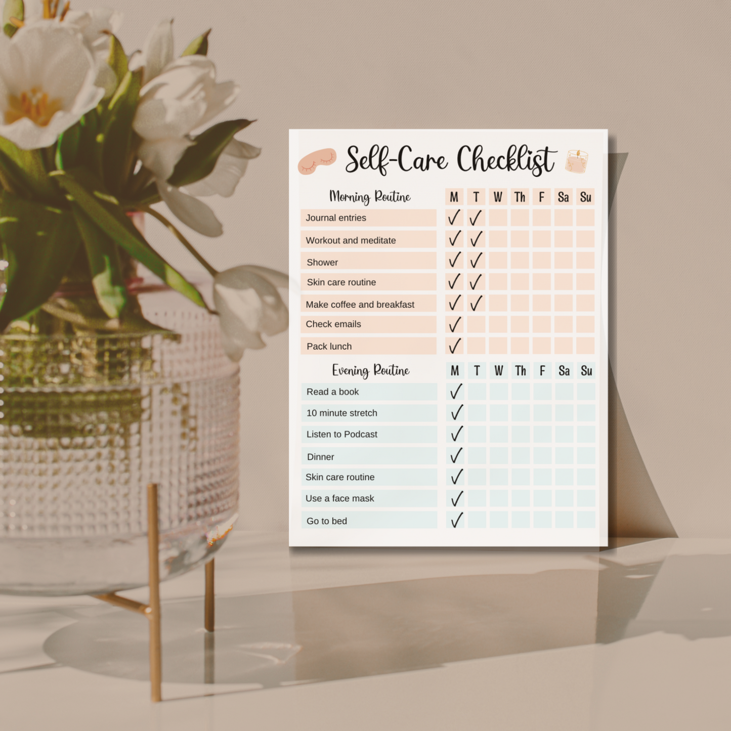 Self Care Checklist Printable Digital Planner, Daily Wellness Planner