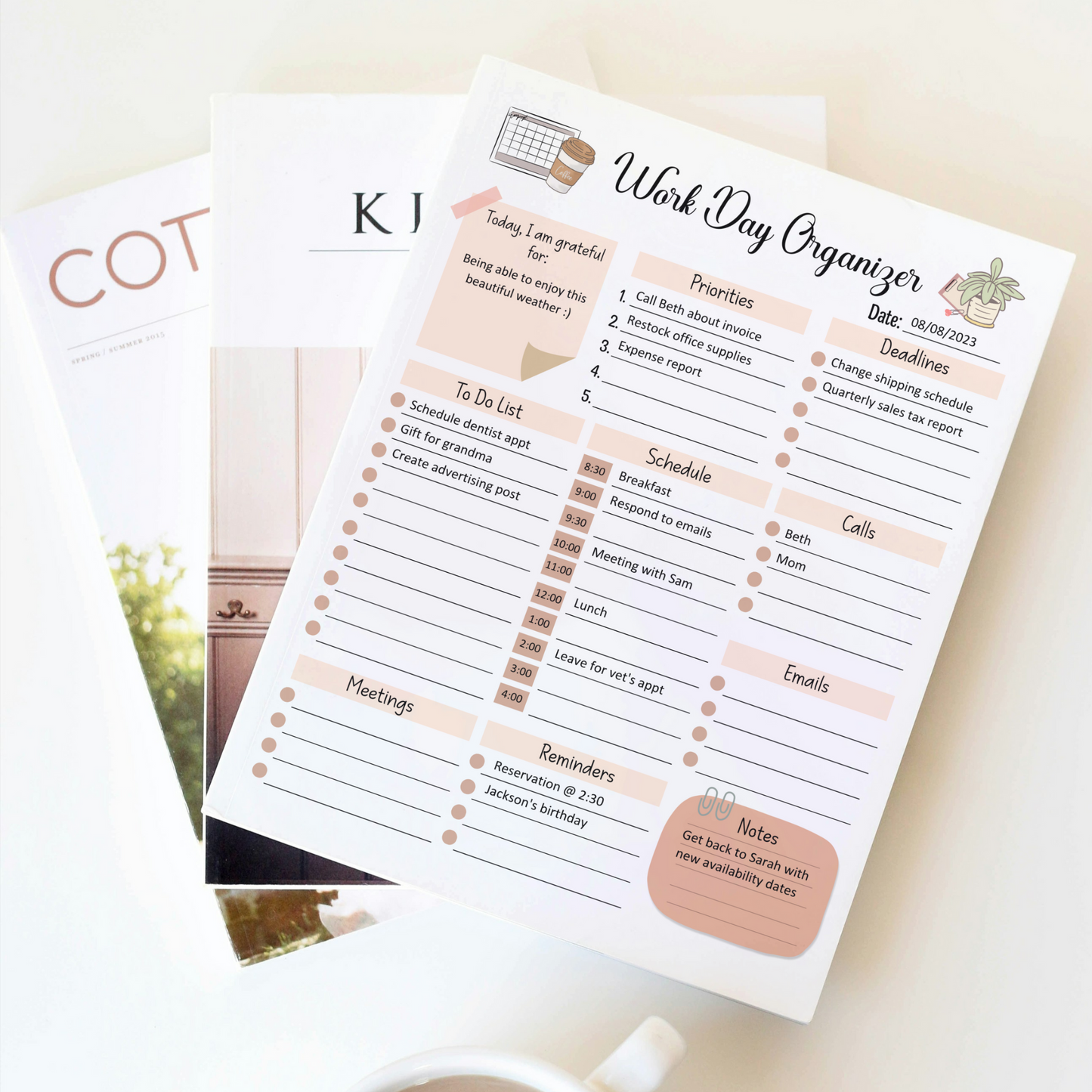 Work Day Organizer Editable Fillable, Printable Daily Digital Planner