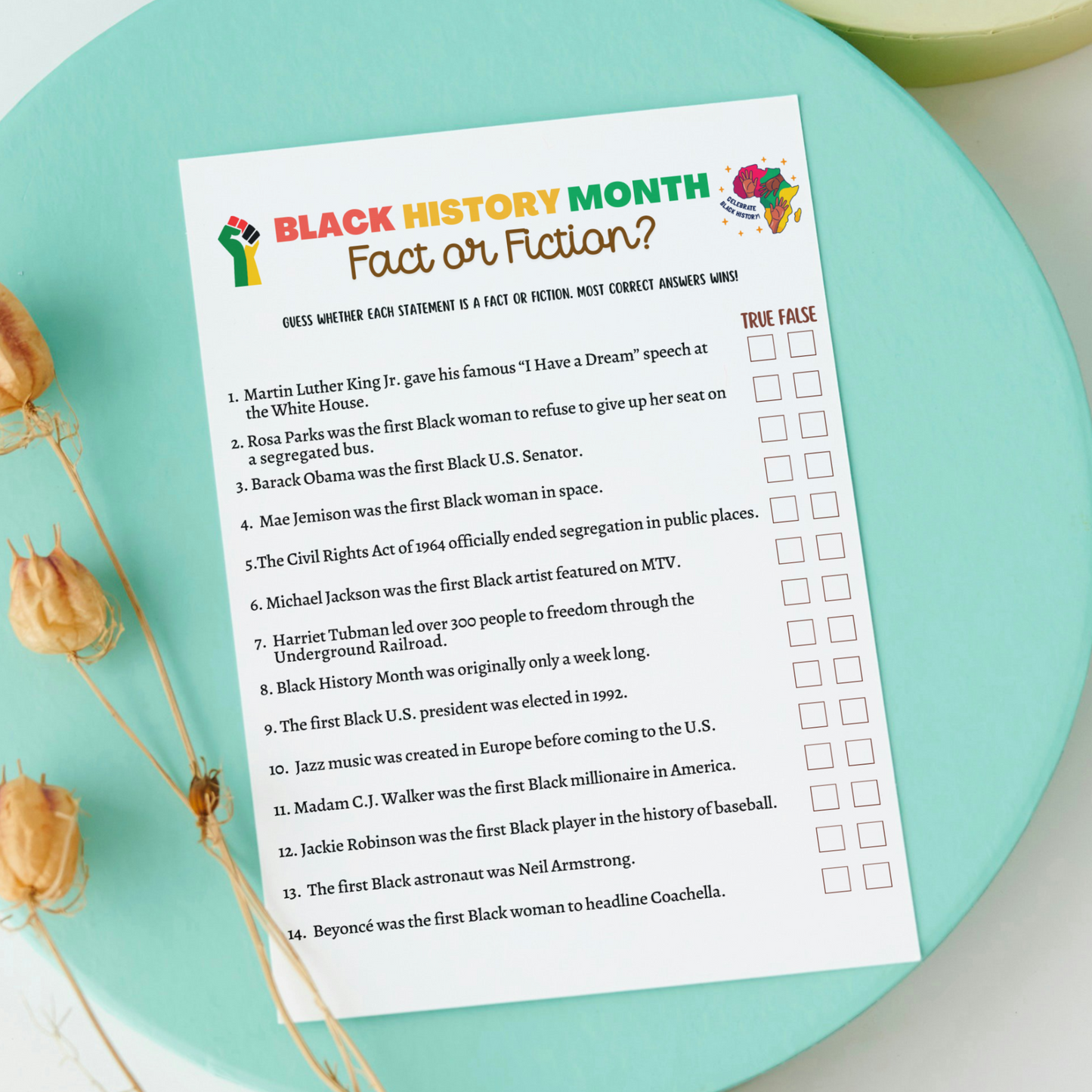 Black History Month Games Printable, Historical African American Celebration Trivia