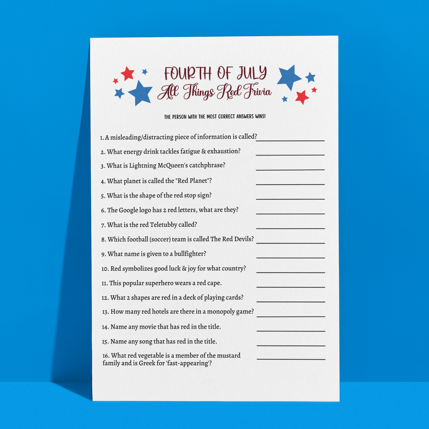 4th of July All Things Red Trivia Game Printable, Family Activity Adults & Kids