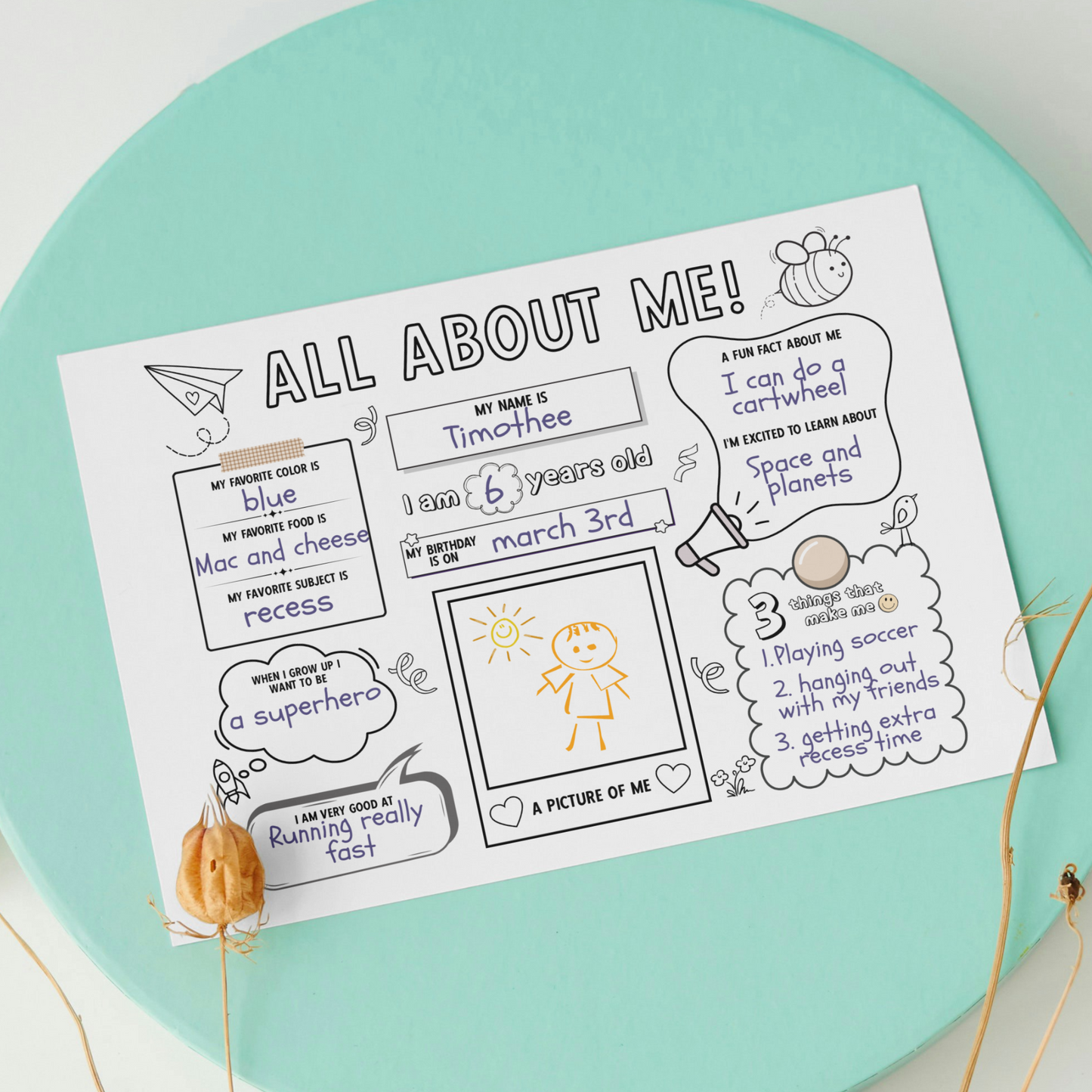 All About Me Coloring Page Printable, First Day of School Activity For Kids Fill In Template Back to School Classroom Homeschool Worksheet