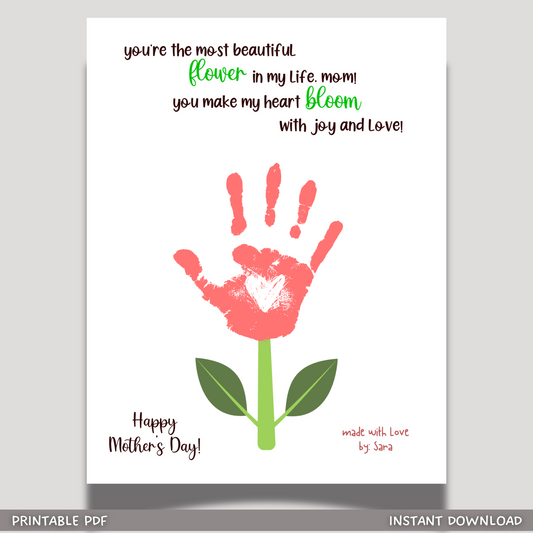 Mothers Day Handprint Flower Craft for Kids Printable, Art Activity Mom Birthday Gift