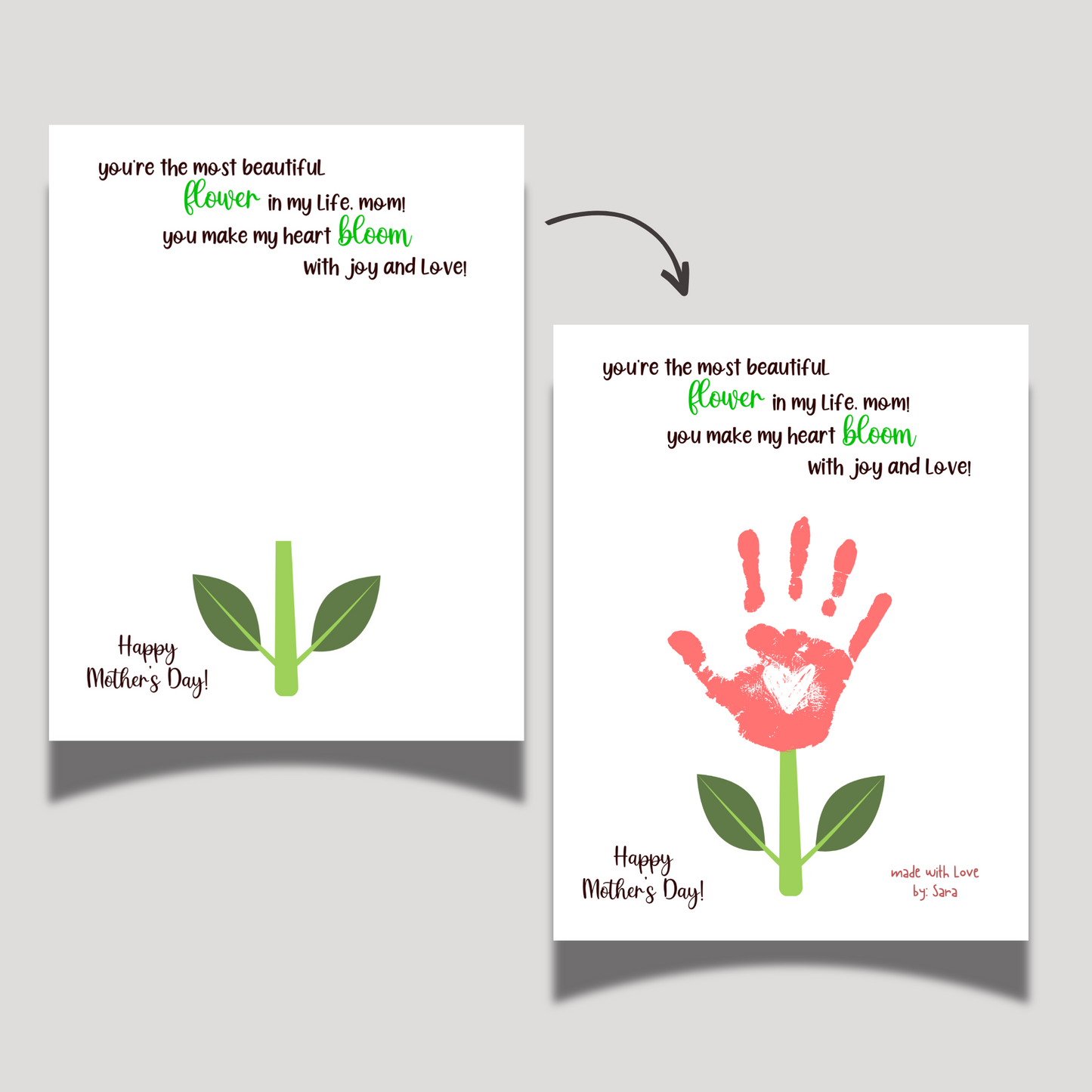 Mothers Day Handprint Flower Craft for Kids Printable, Art Activity Mom Birthday Gift
