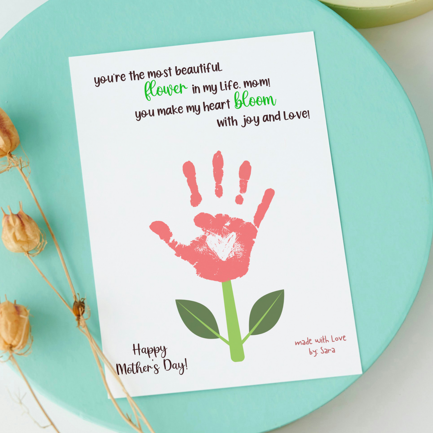 Mothers Day Handprint Flower Craft for Kids Printable, Art Activity Mom Birthday Gift