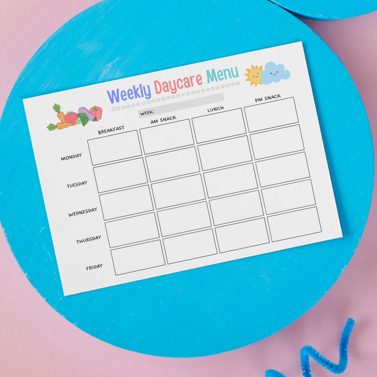 Daycare Weekly Menu Printable, Editable Meal Planner